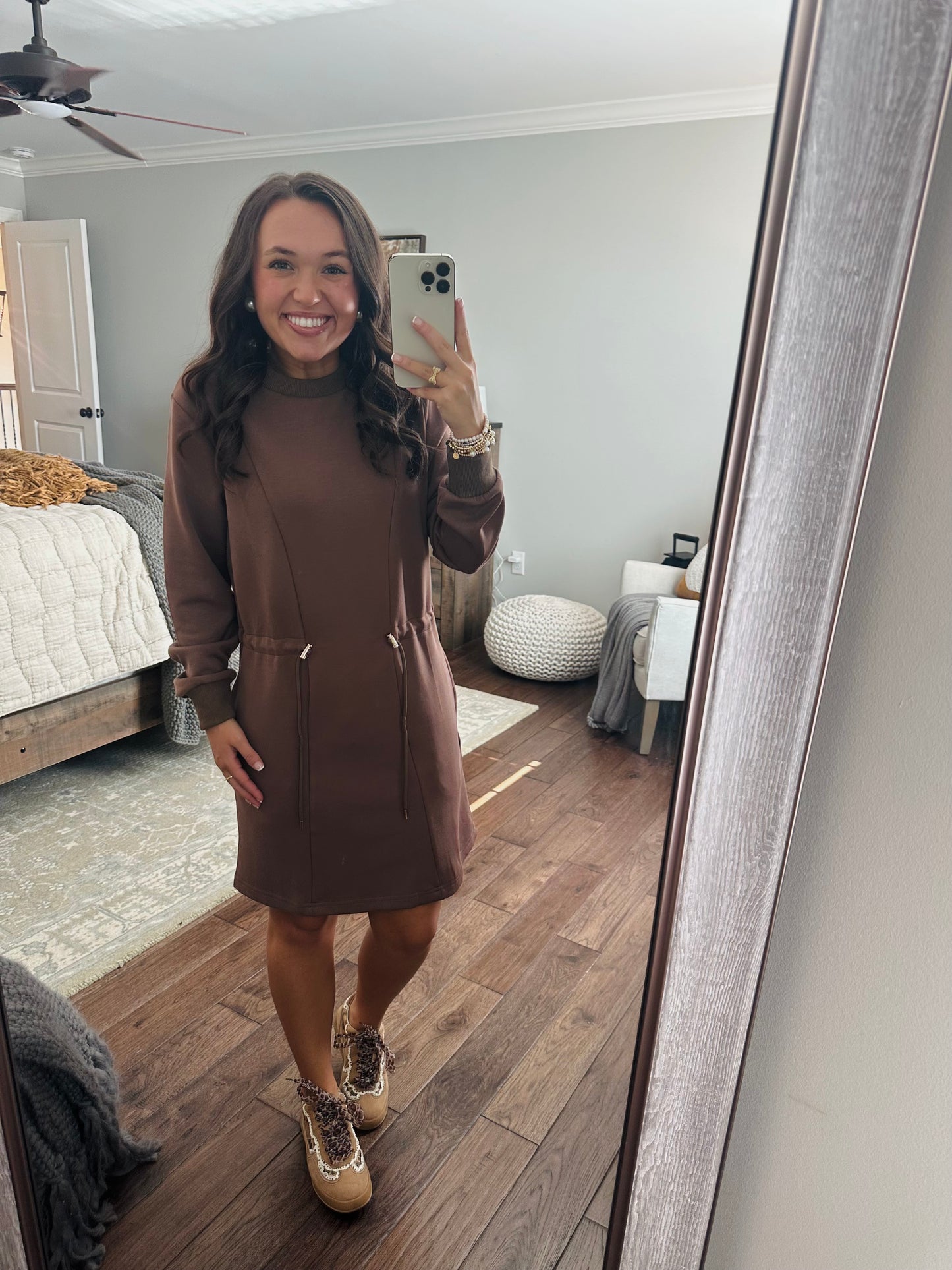 The Mocha Jersey Knit Long Sleeve Drawstring Dress