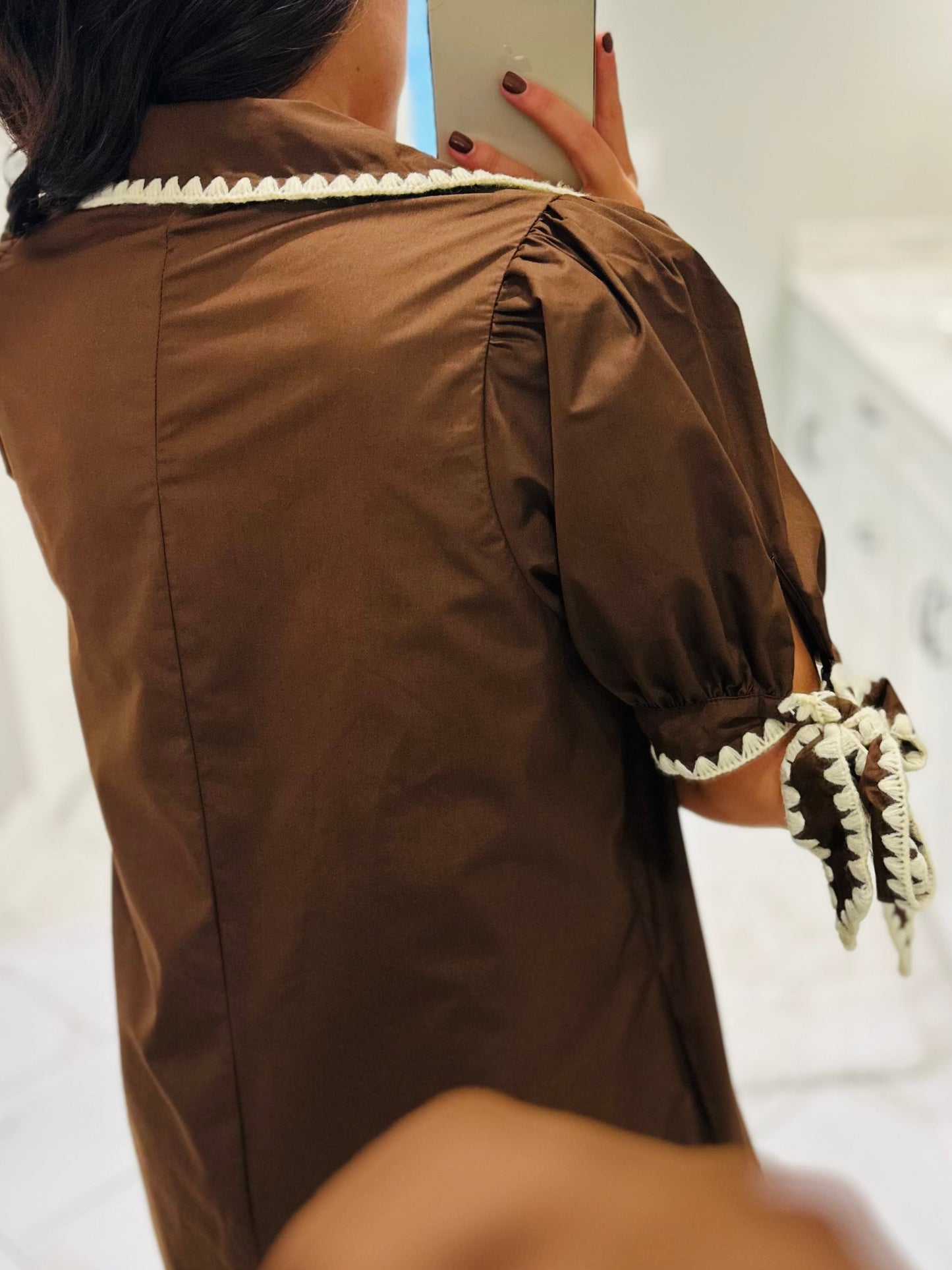 The Luci Brown Contrast Stitching Bow Detail Dress