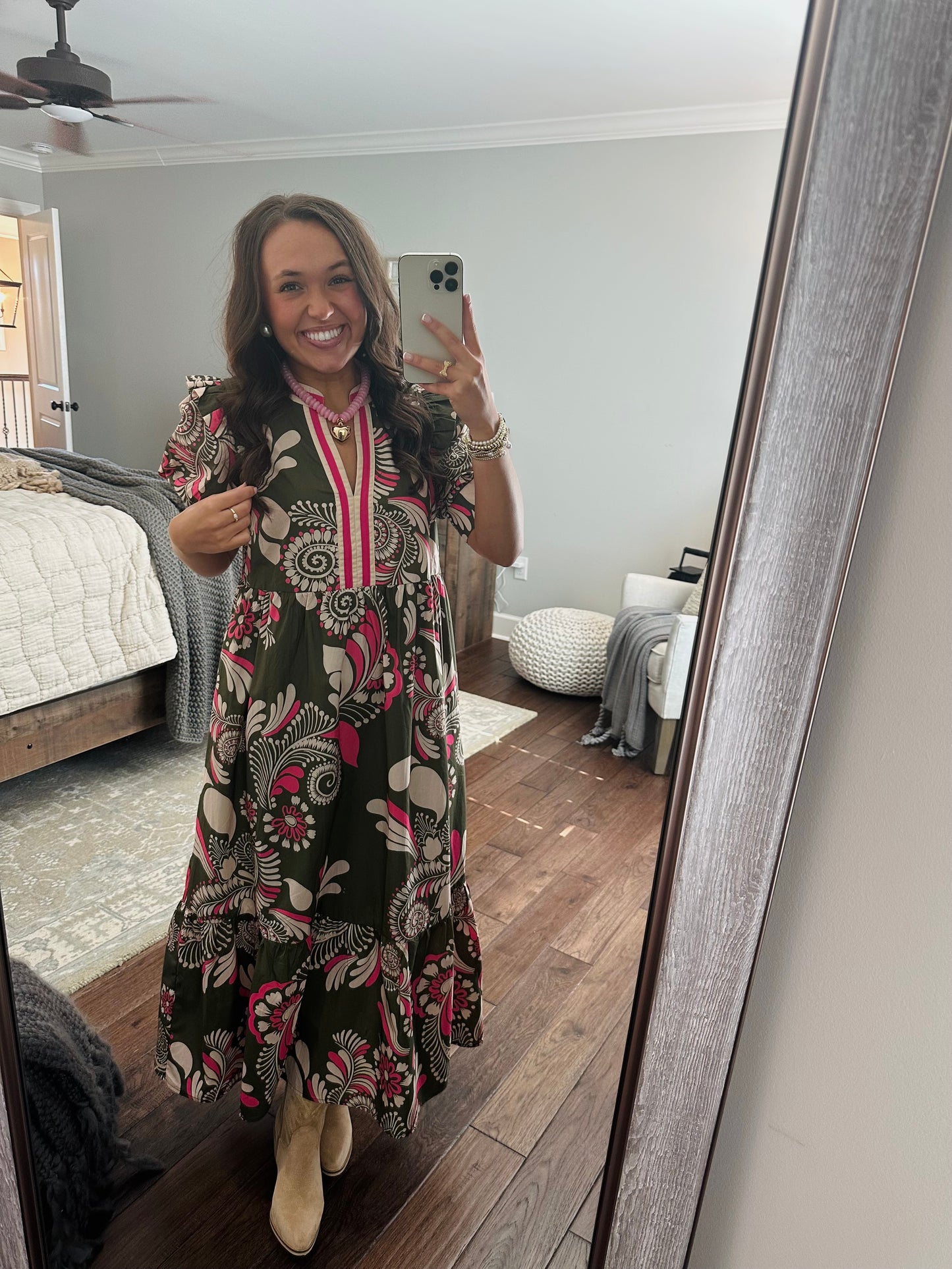 The Anne Olive Green + Pink Midi Dress