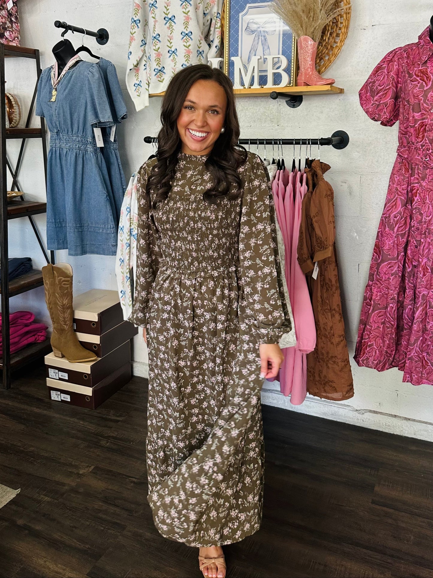 The Ainsley Olive Floral Midi Dress
