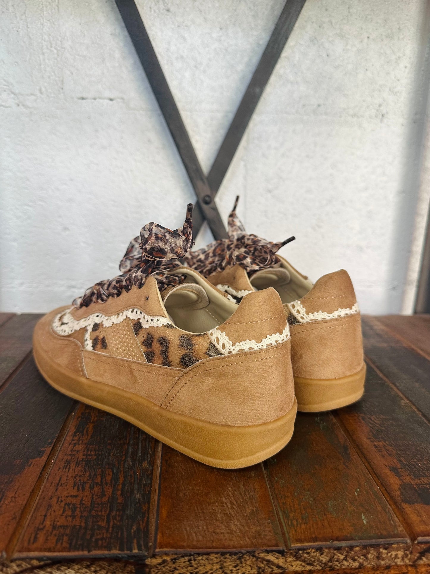 The Eleanor Camel Leopard Lace Trim Sneaker