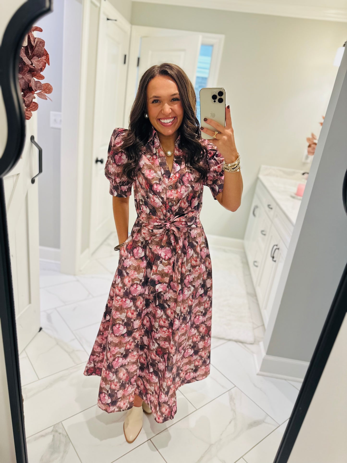 The Maggie Pink + Brown Floral Midi Dress