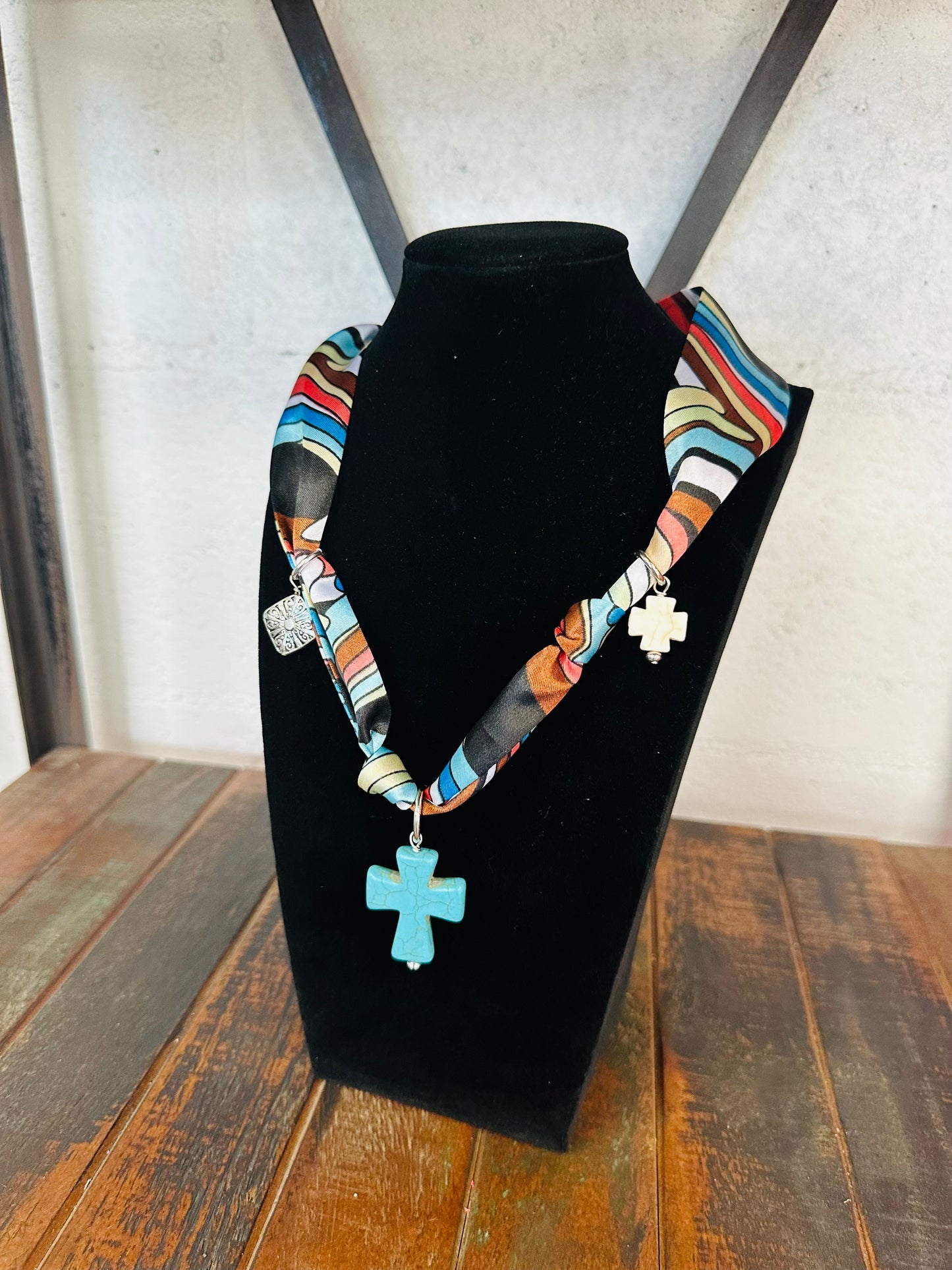 Golden Oasis Cross Silk Scarf Necklace