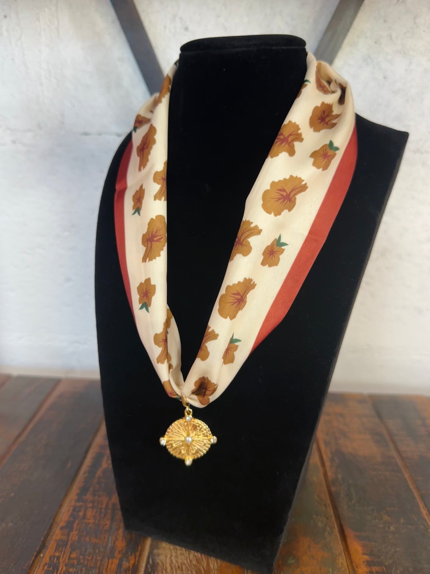 Brown Floral Silk Scarf + Gold Pendant Necklace