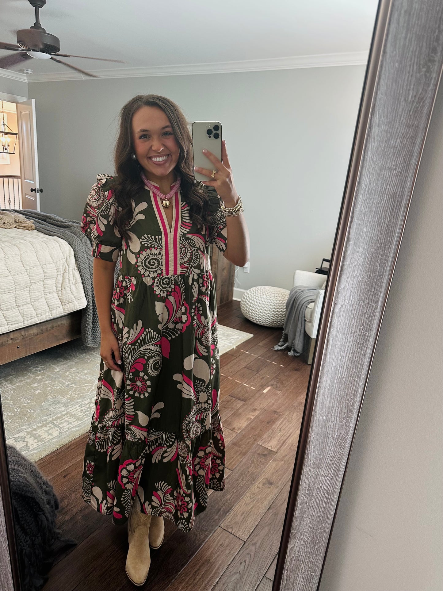 The Anne Olive Green + Pink Midi Dress