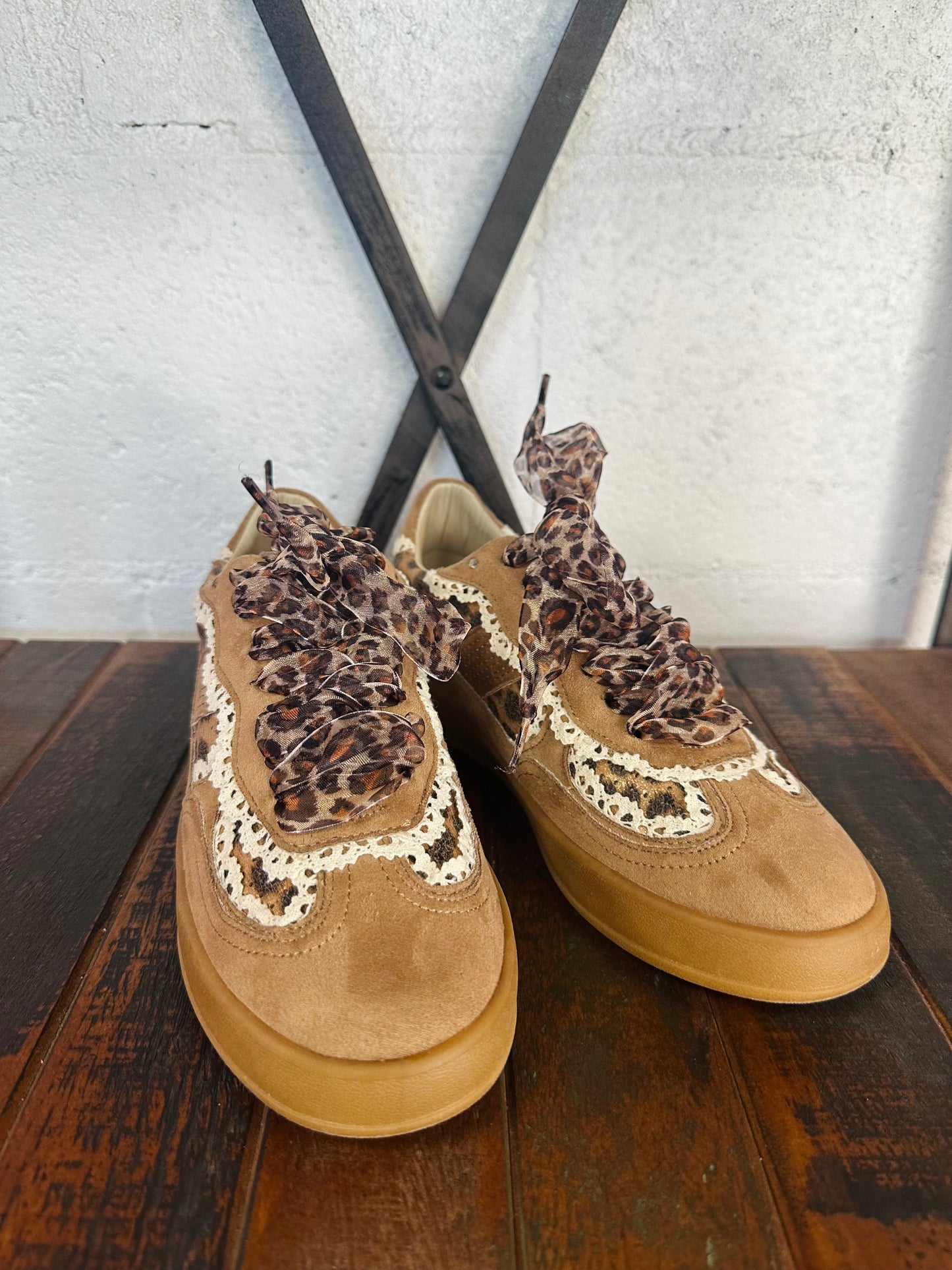 The Eleanor Camel Leopard Lace Trim Sneaker