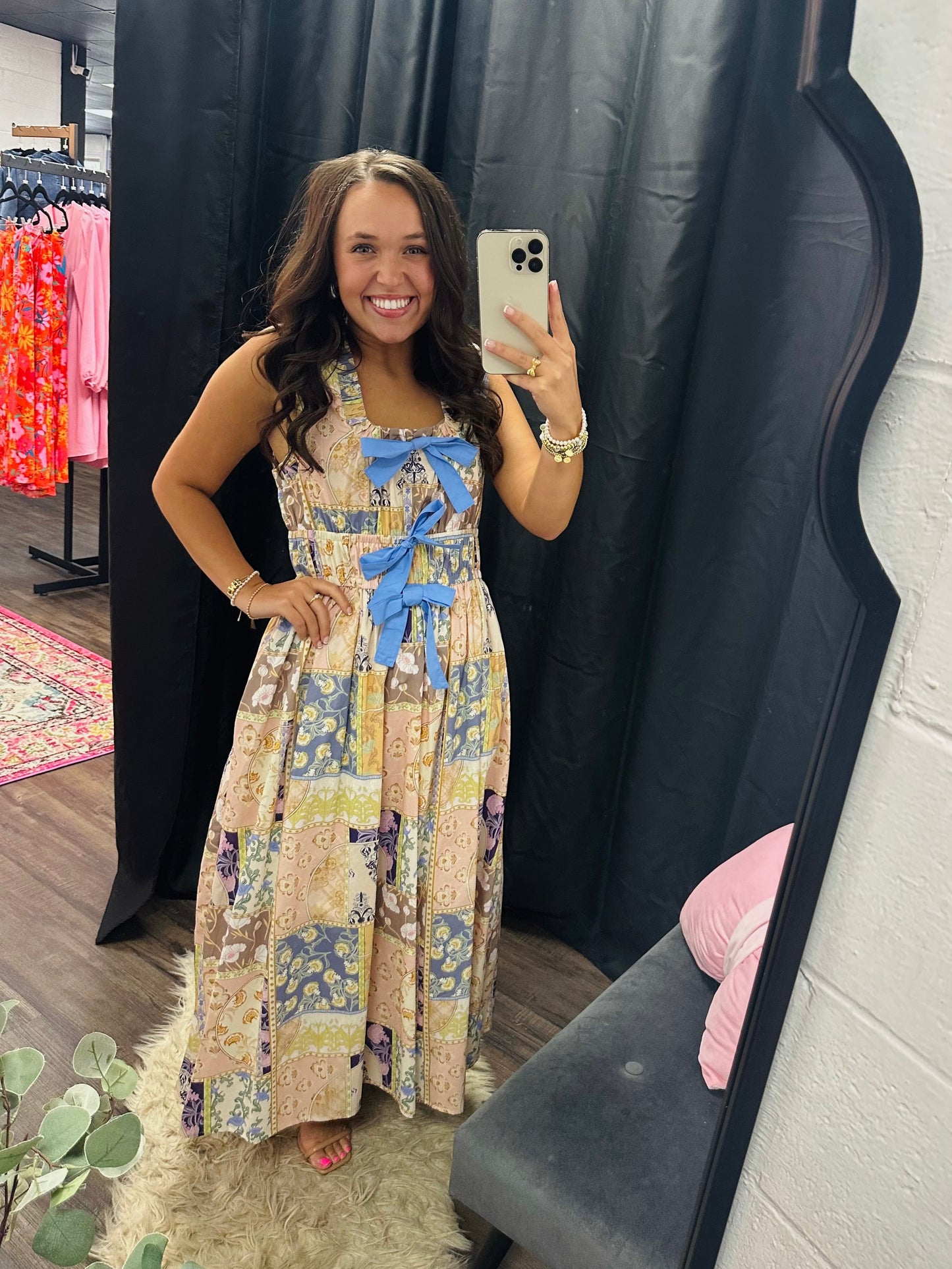 The Avery Patchwork Bow Midi Dress