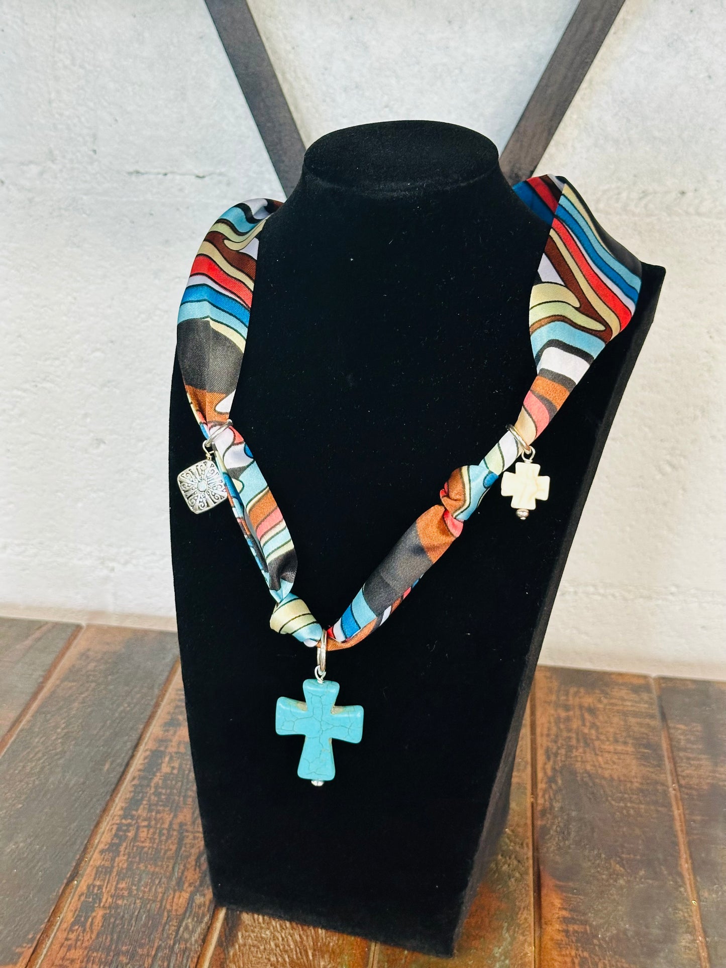 Golden Oasis Cross Silk Scarf Necklace