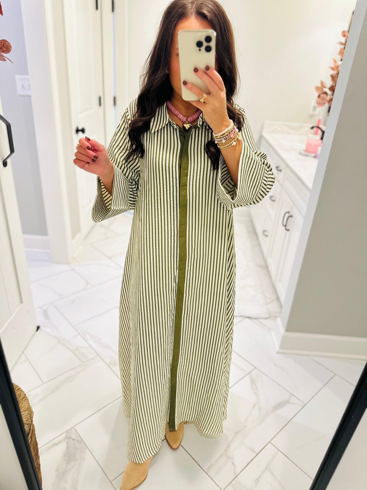 The Nora Olive Green Striped Midi Dress