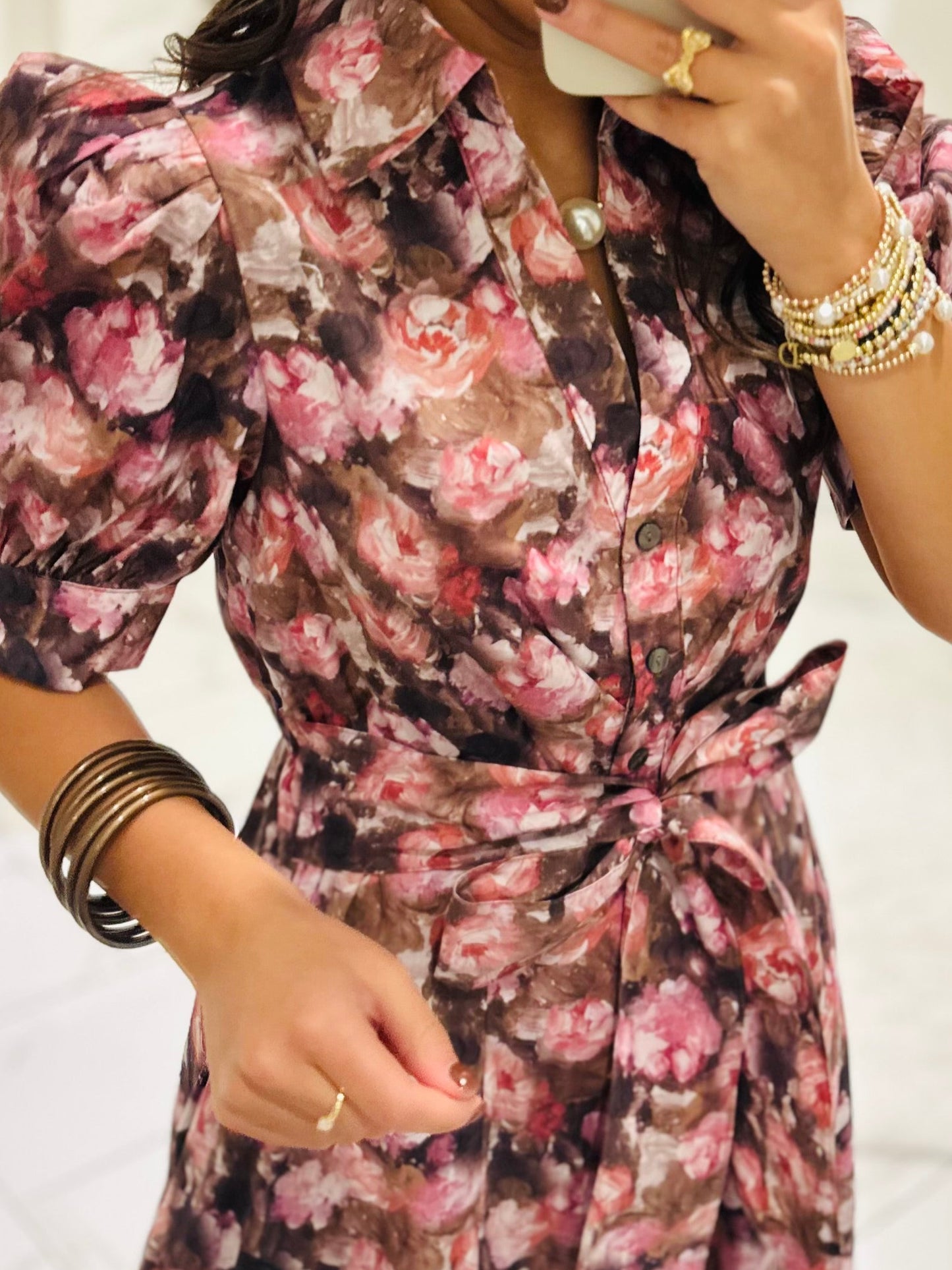 The Maggie Pink + Brown Floral Midi Dress
