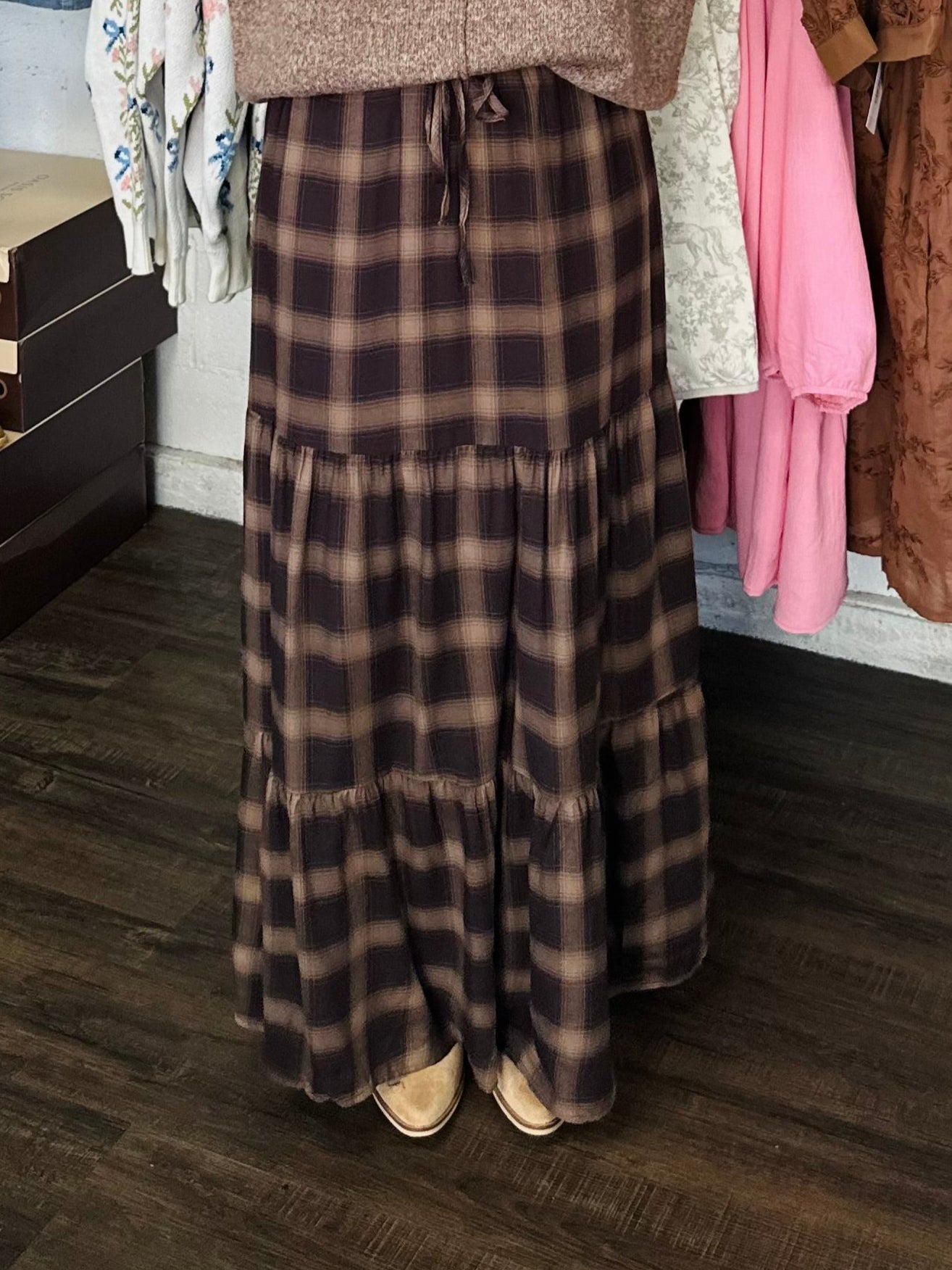 The Ember Brown Plaid Tiered Maxi Skirt