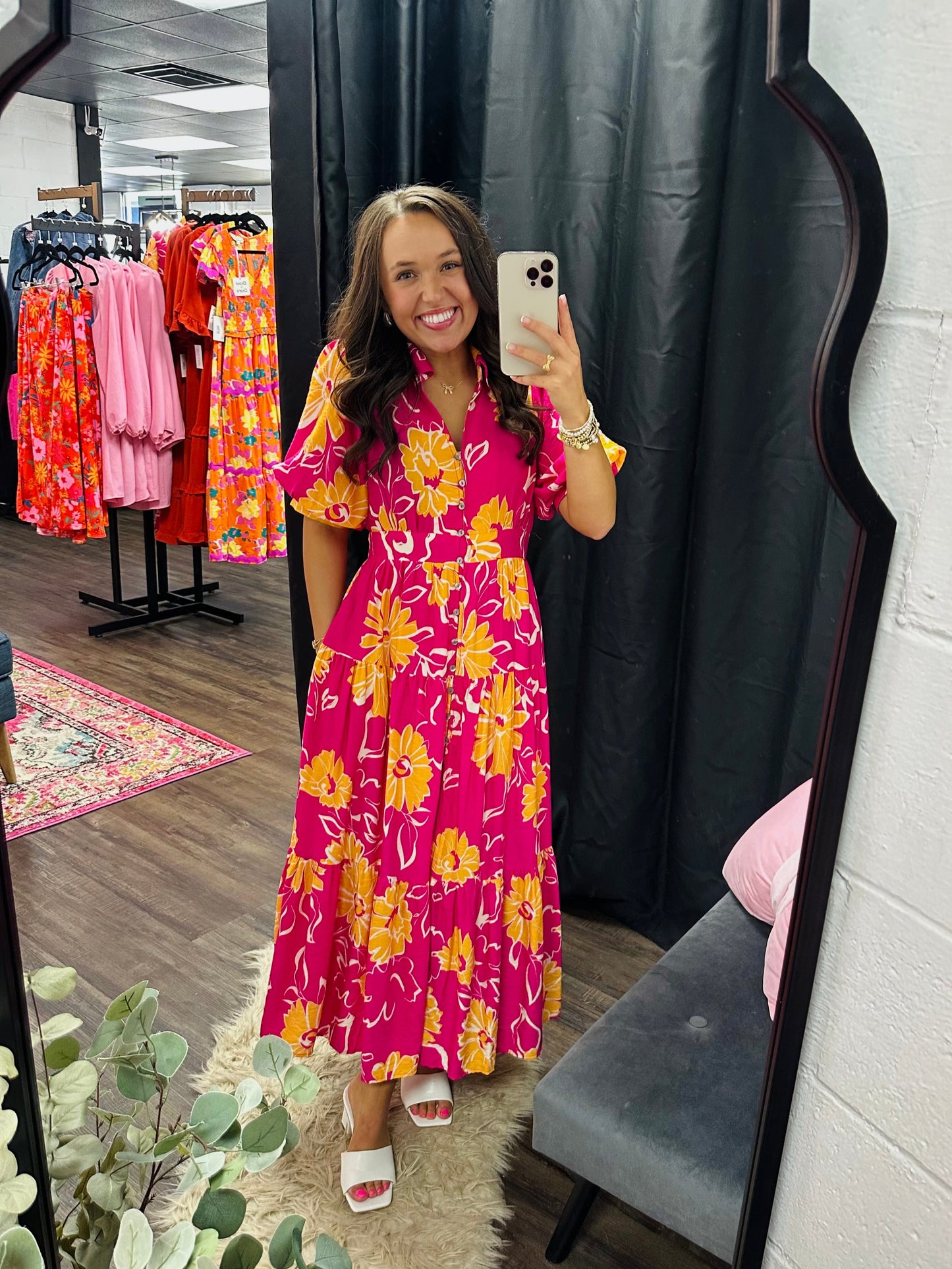 The Annamae Hot Pink Floral Midi Dress