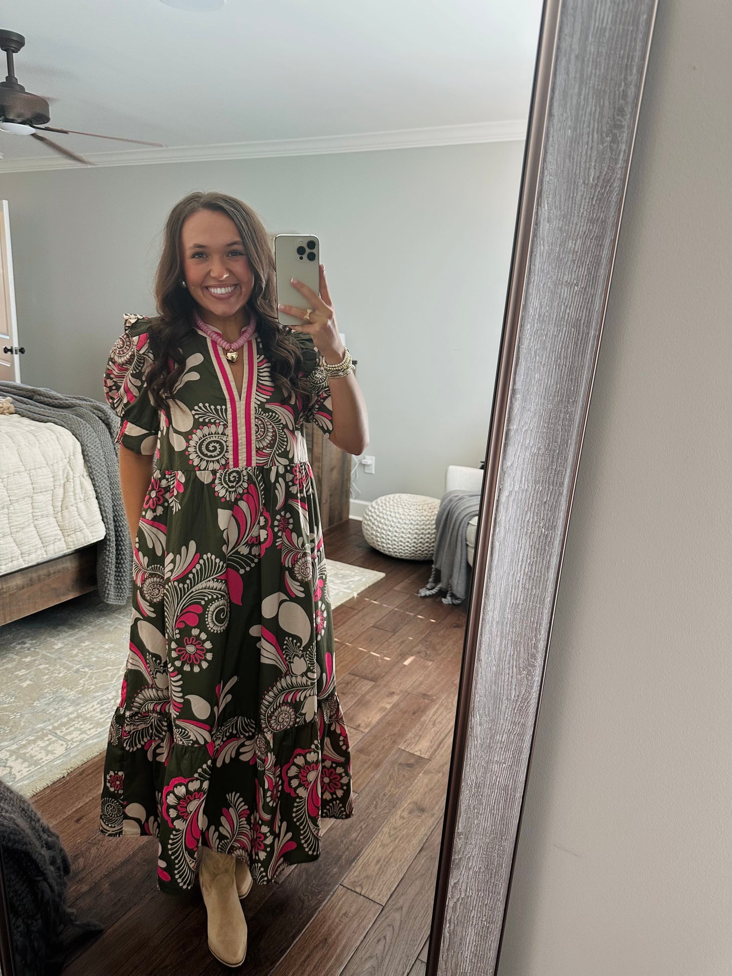 The Anne Olive Green + Pink Midi Dress