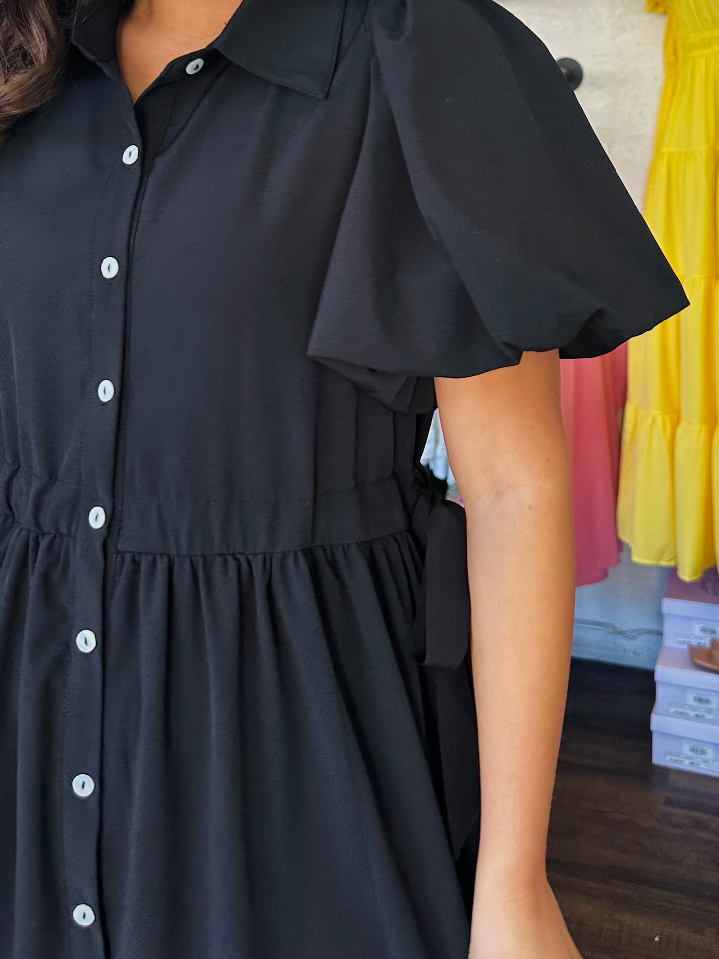 The Cali Black Button Front Midi Dress