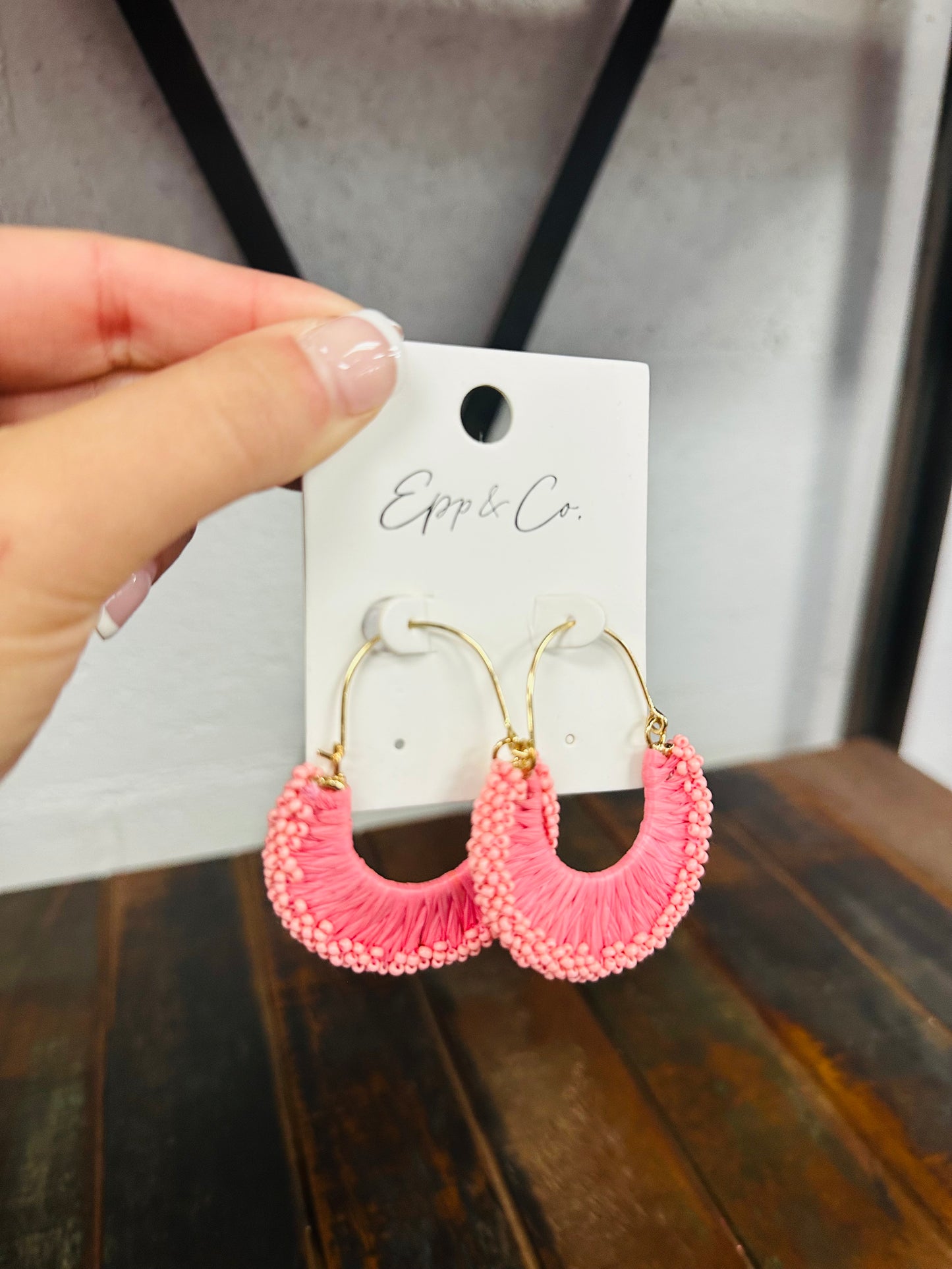 Pink Raffia & Bead Drop Earring