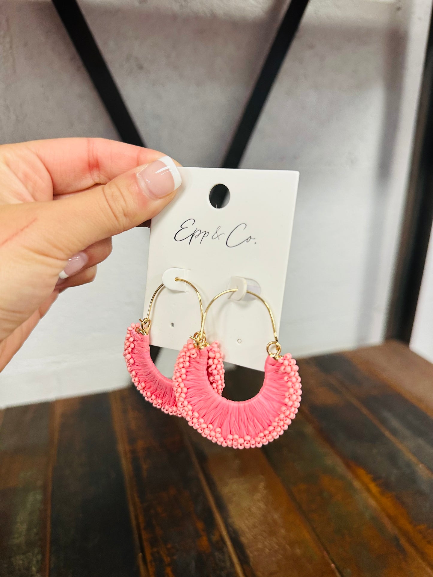 Pink Raffia & Bead Drop Earring