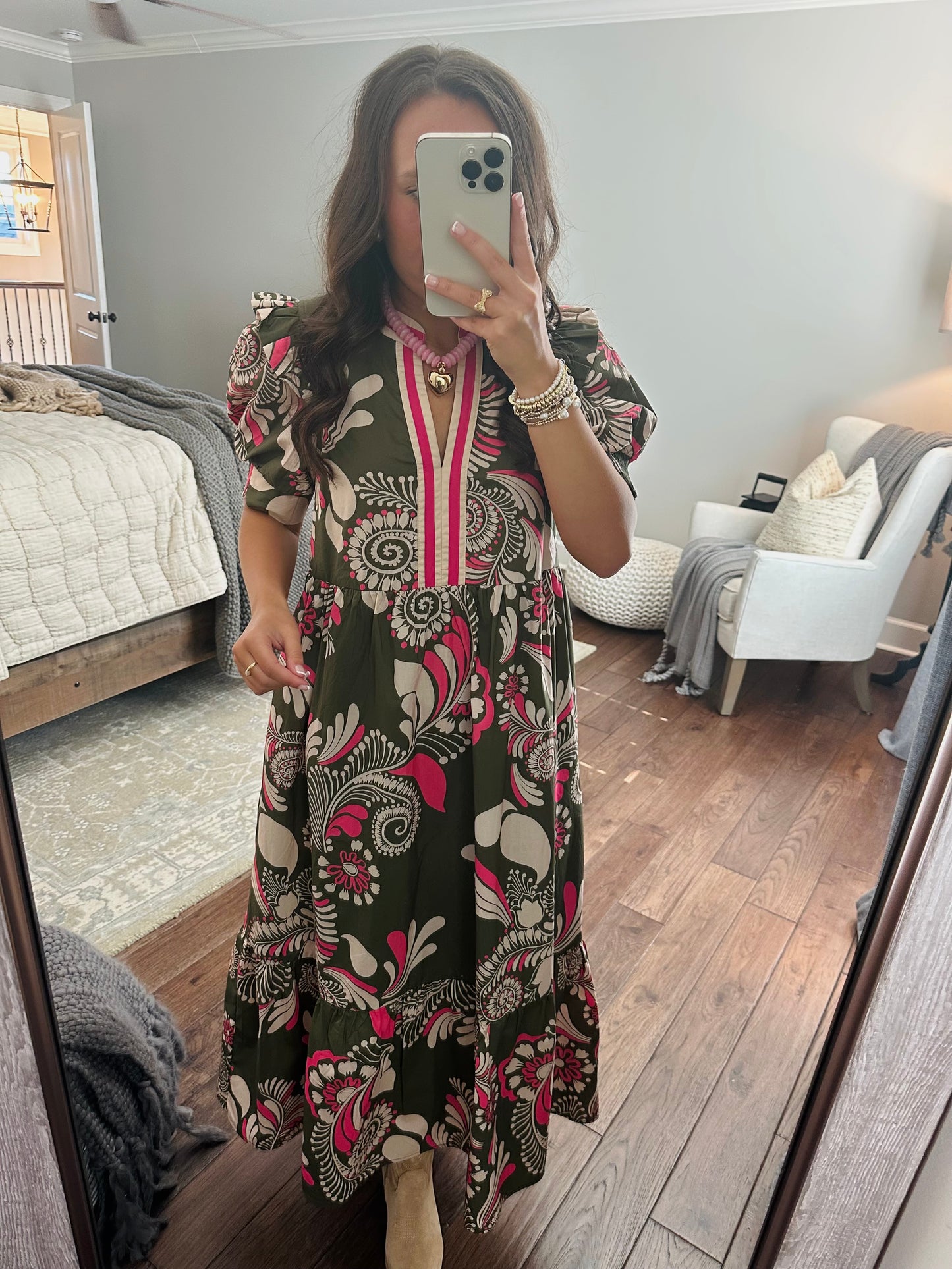 The Anne Olive Green + Pink Midi Dress