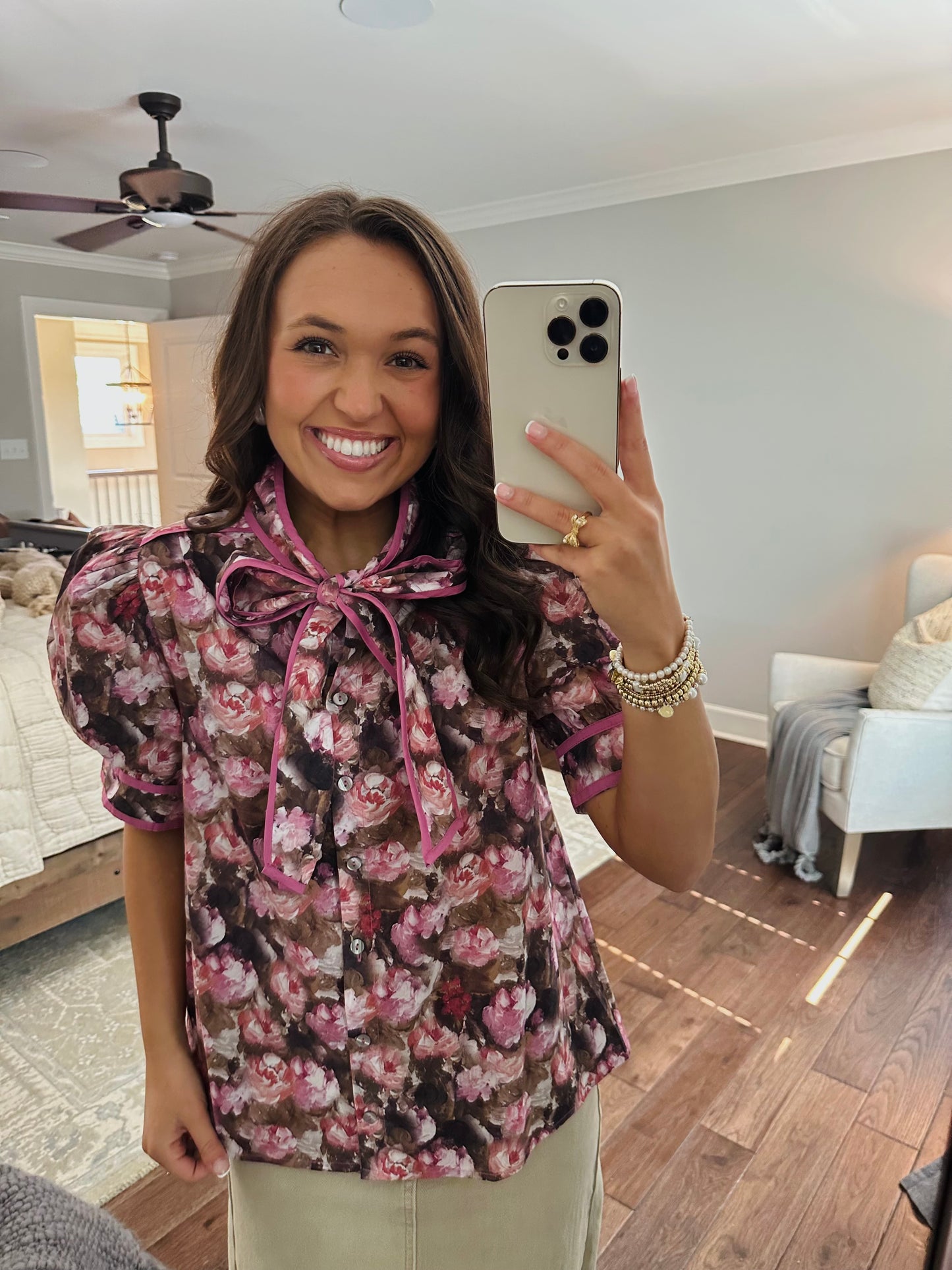 The Maggie Pink + Brown Floral Bow Top