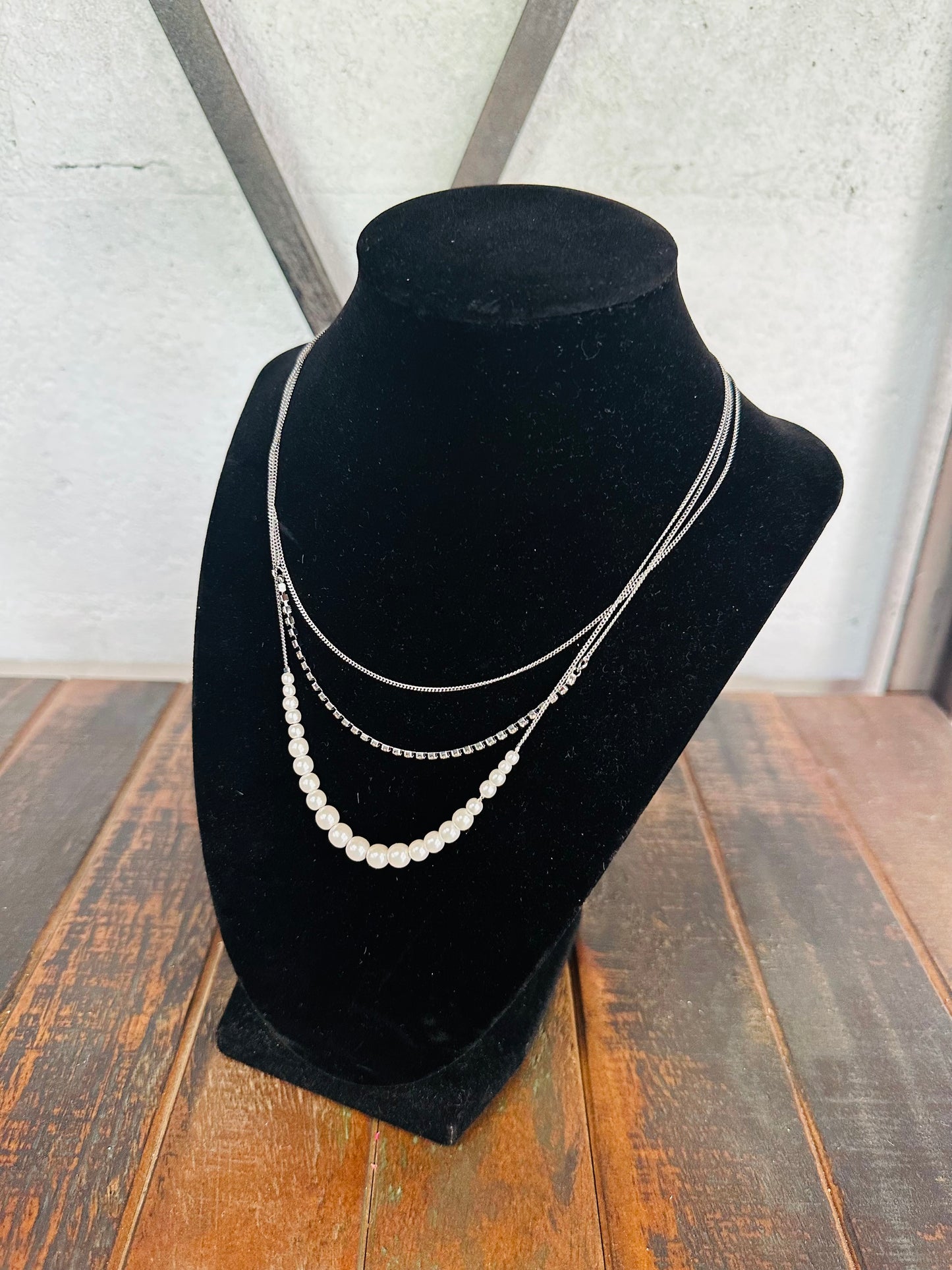 Silver Layered Pearl & Rhinestone Necklace