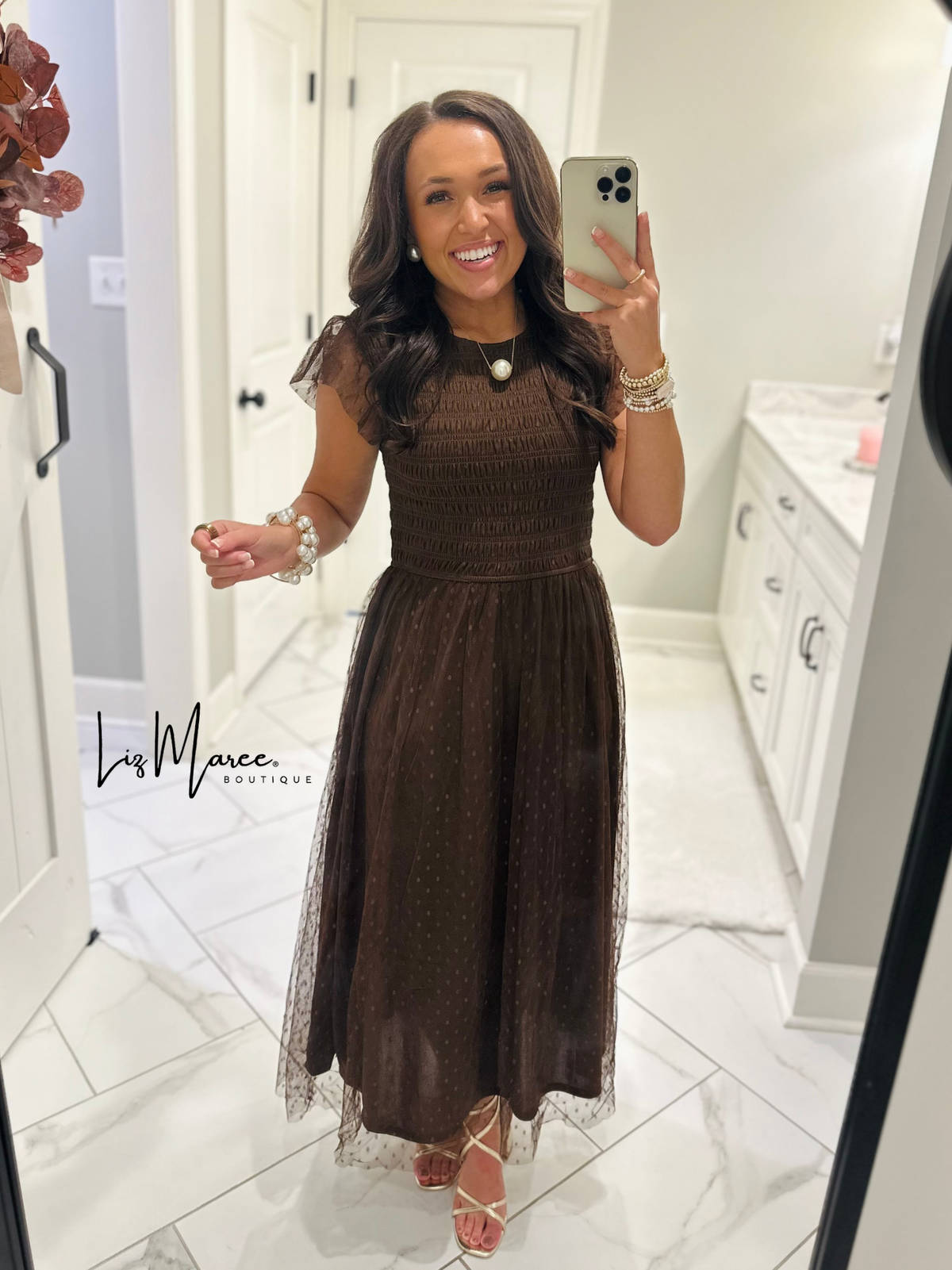 The Autumn Brown Polka Dot Chiffon Midi Dress