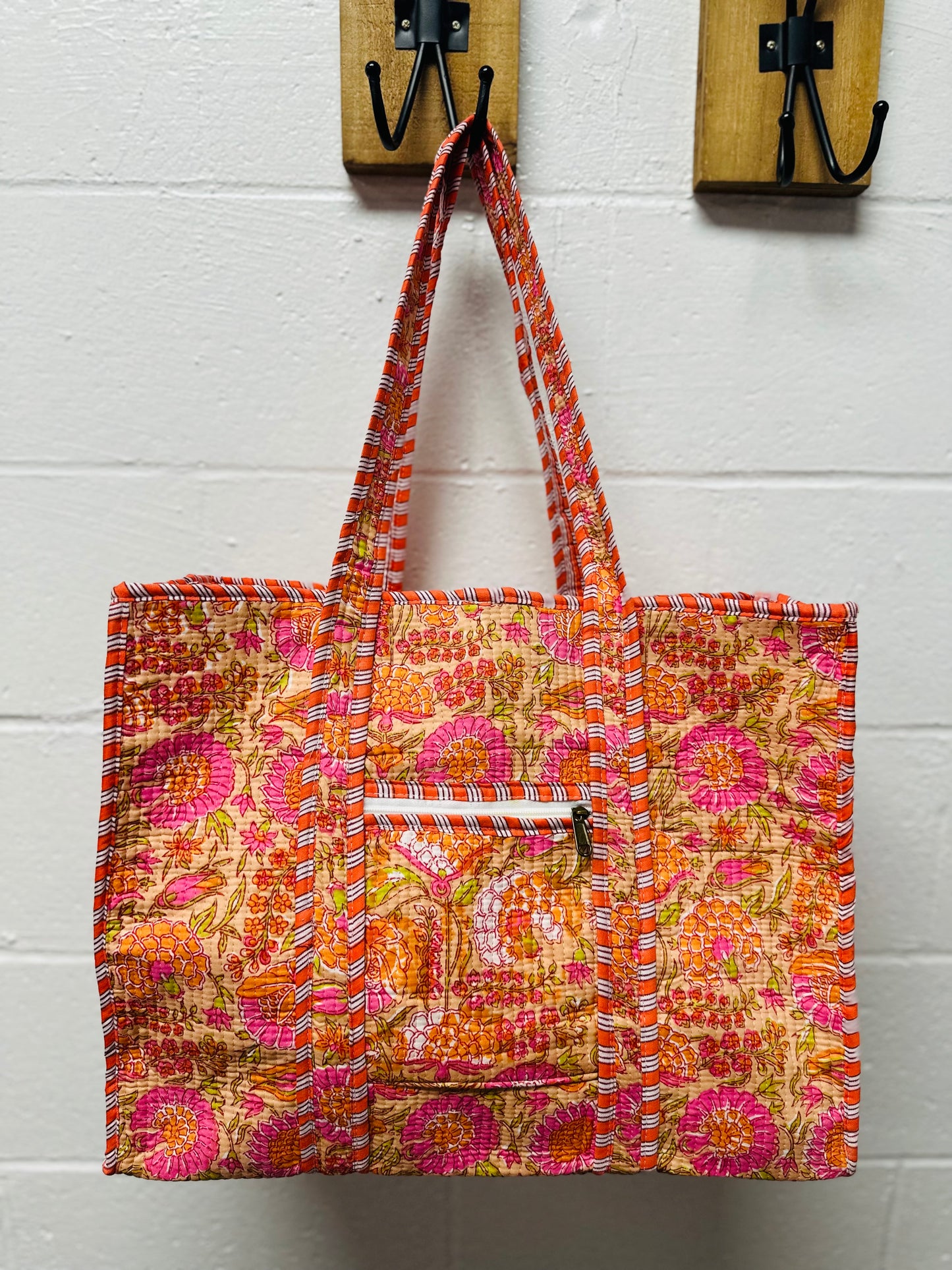 The Orange + Pink Floral Quilted Tote Bag