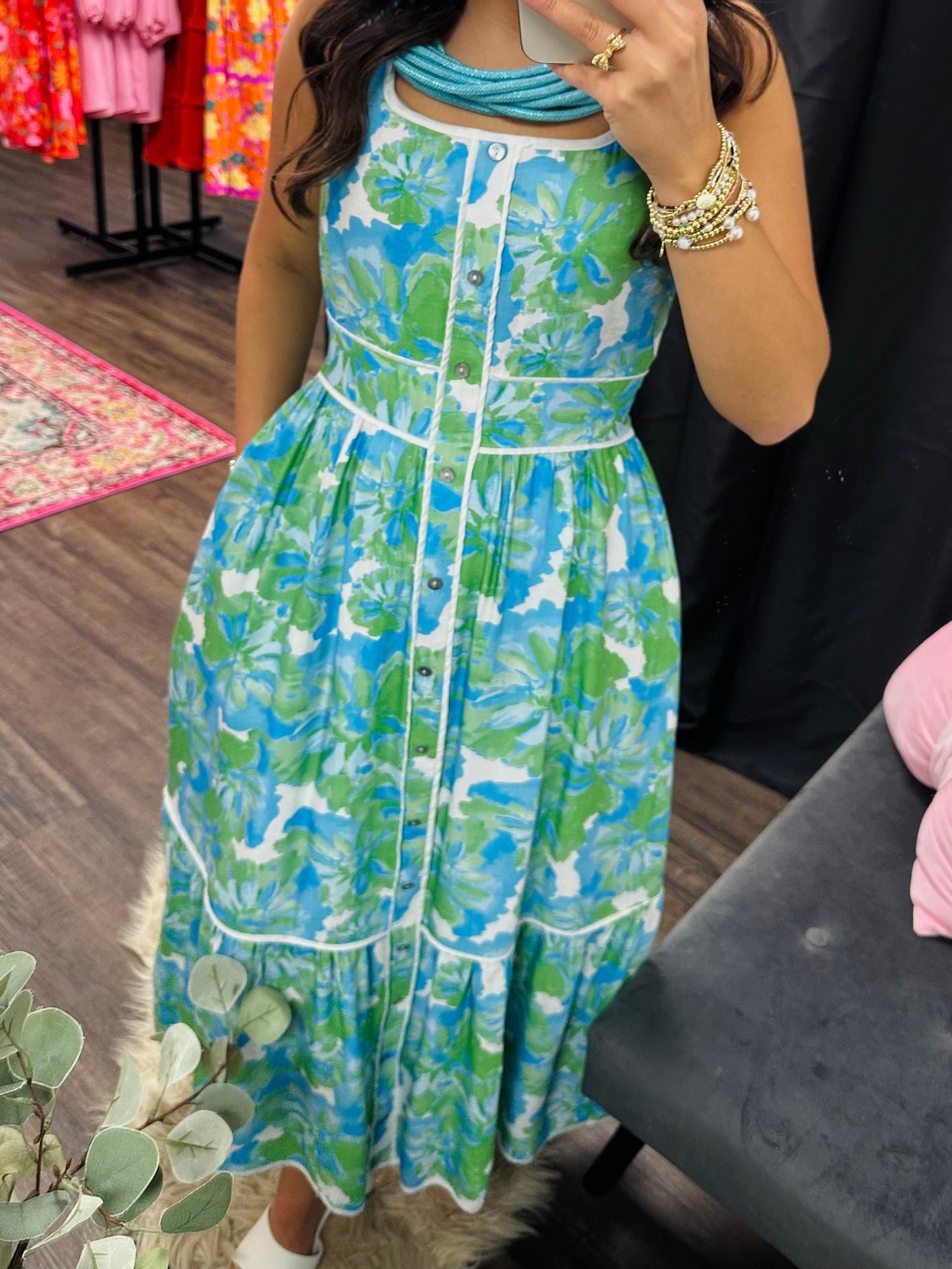 The Lakelynn Green Aqua Floral Midi Dress