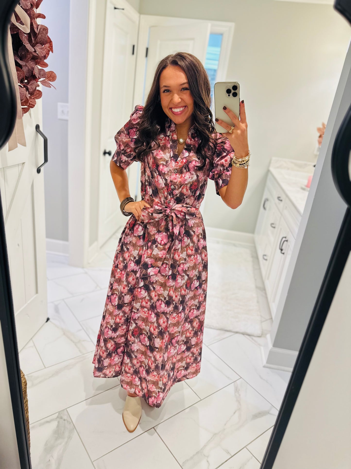 The Maggie Pink + Brown Floral Midi Dress