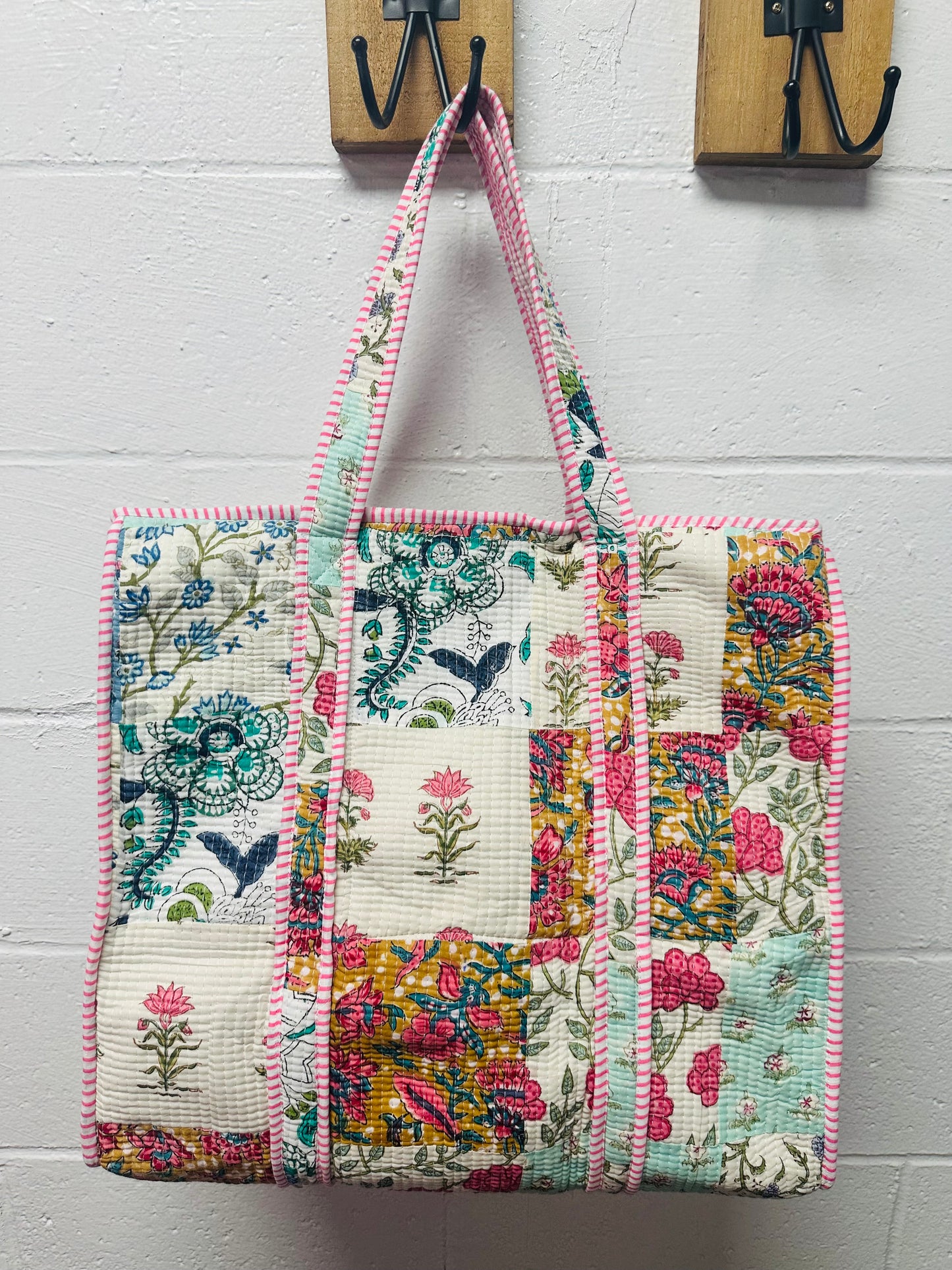 The Pink + Blue Multicolor Patchwork Quilted Tote Bag
