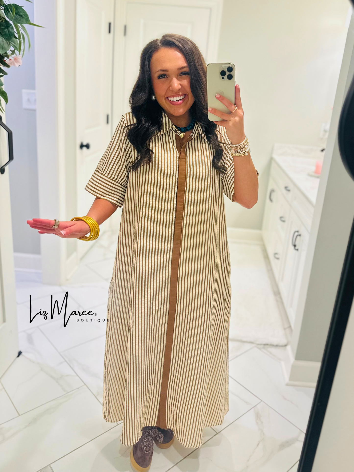 The Nora Caramel Brown Striped Midi Dress