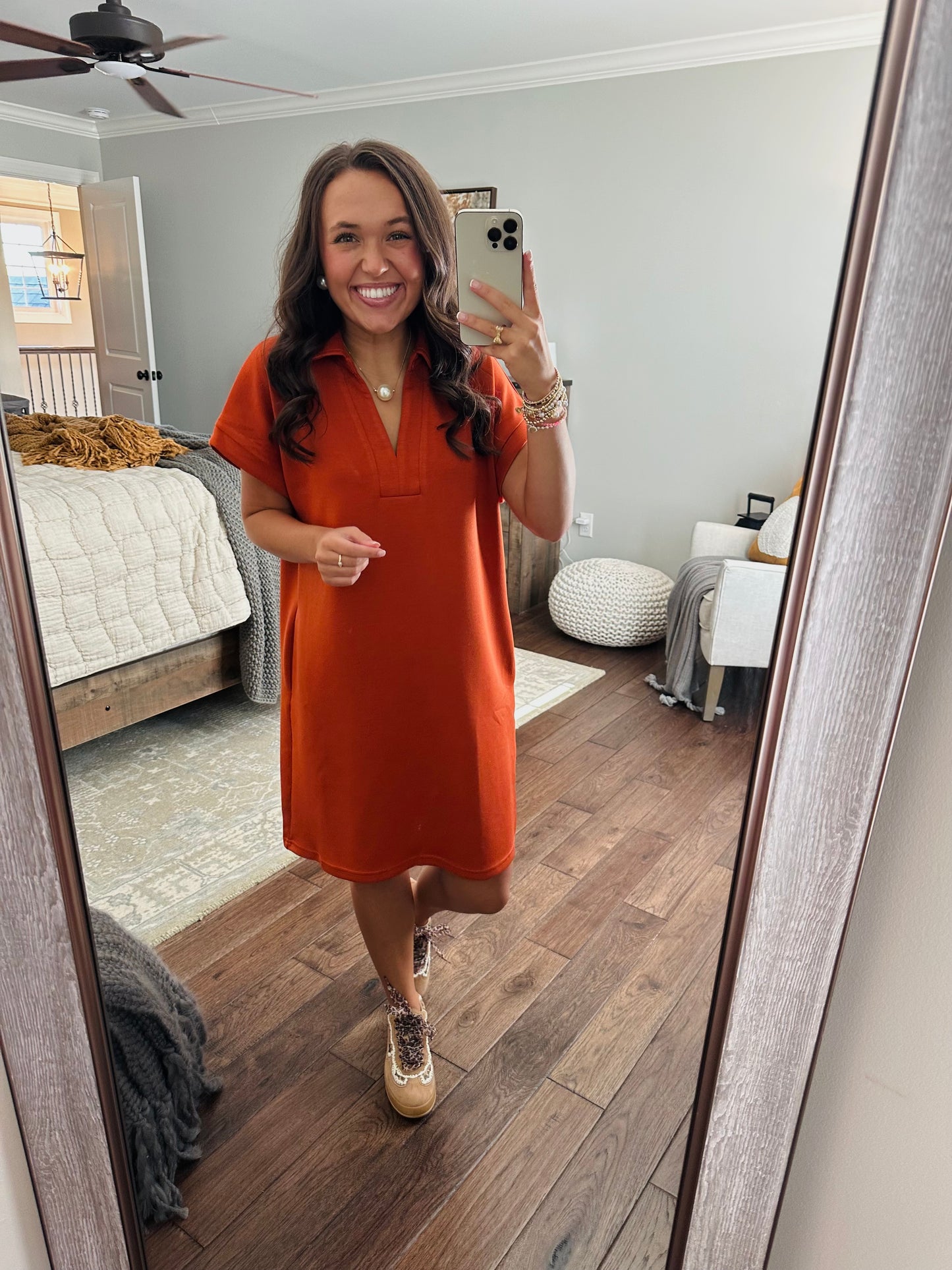 The Briar Burnt Orange V-neck Shift Dress