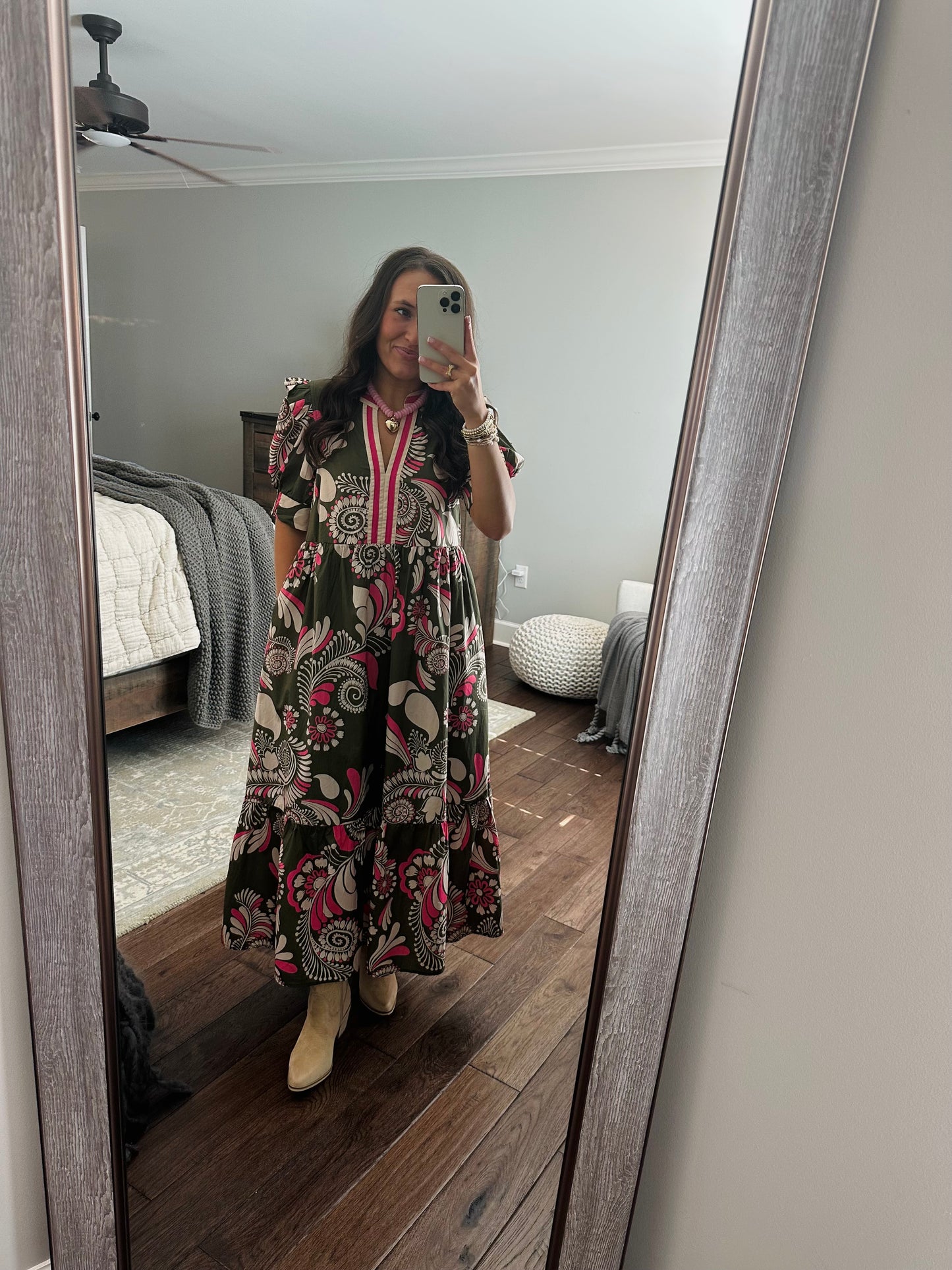 The Anne Olive Green + Pink Midi Dress