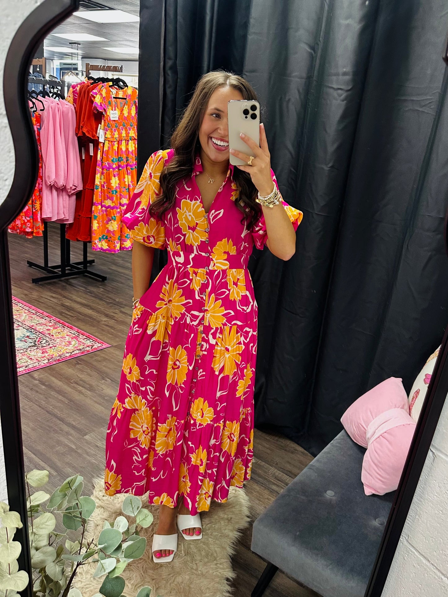 The Annamae Hot Pink Floral Midi Dress