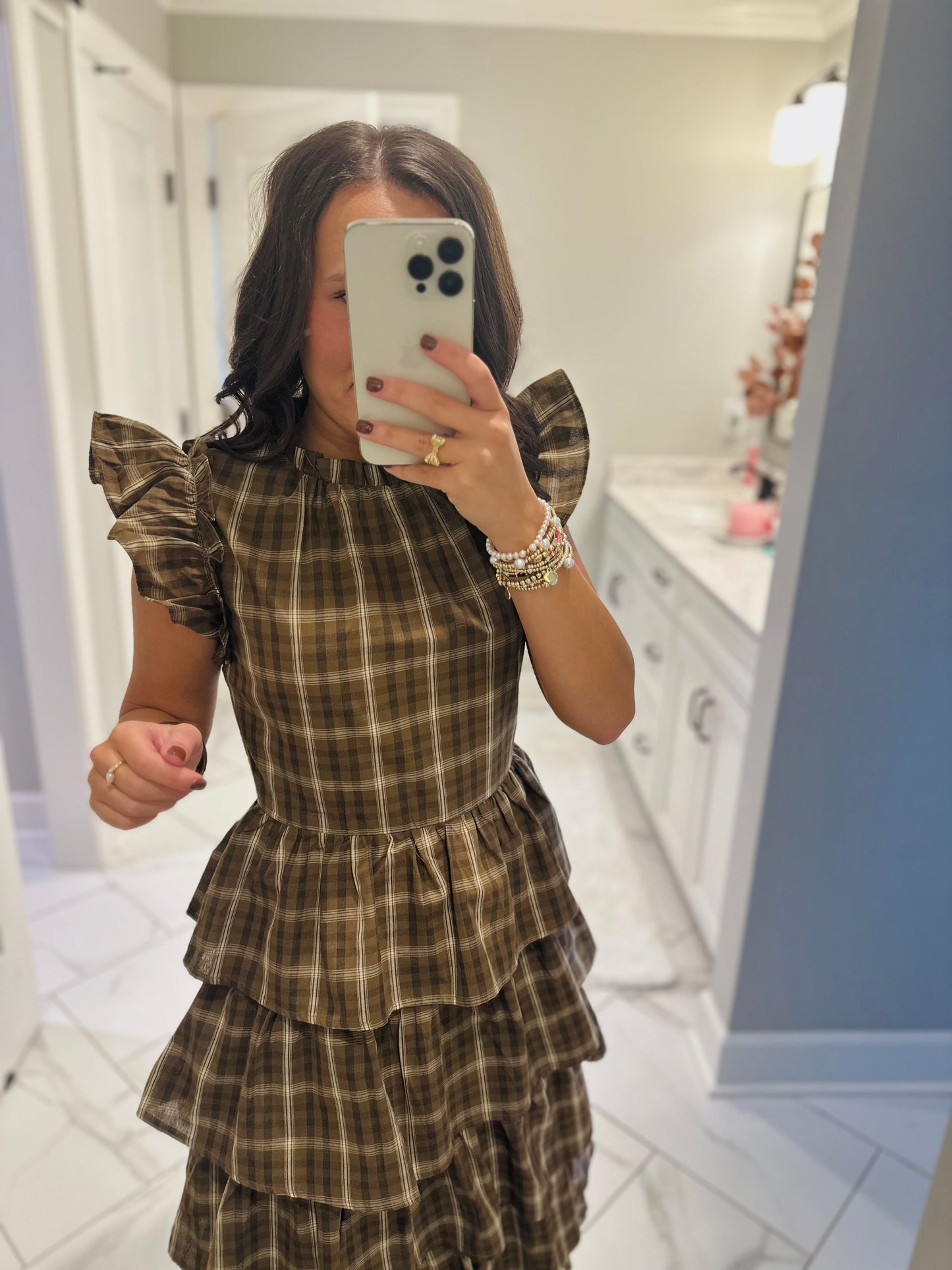 The Timber Brown Plaid Ruffle Tiered Midi Dress