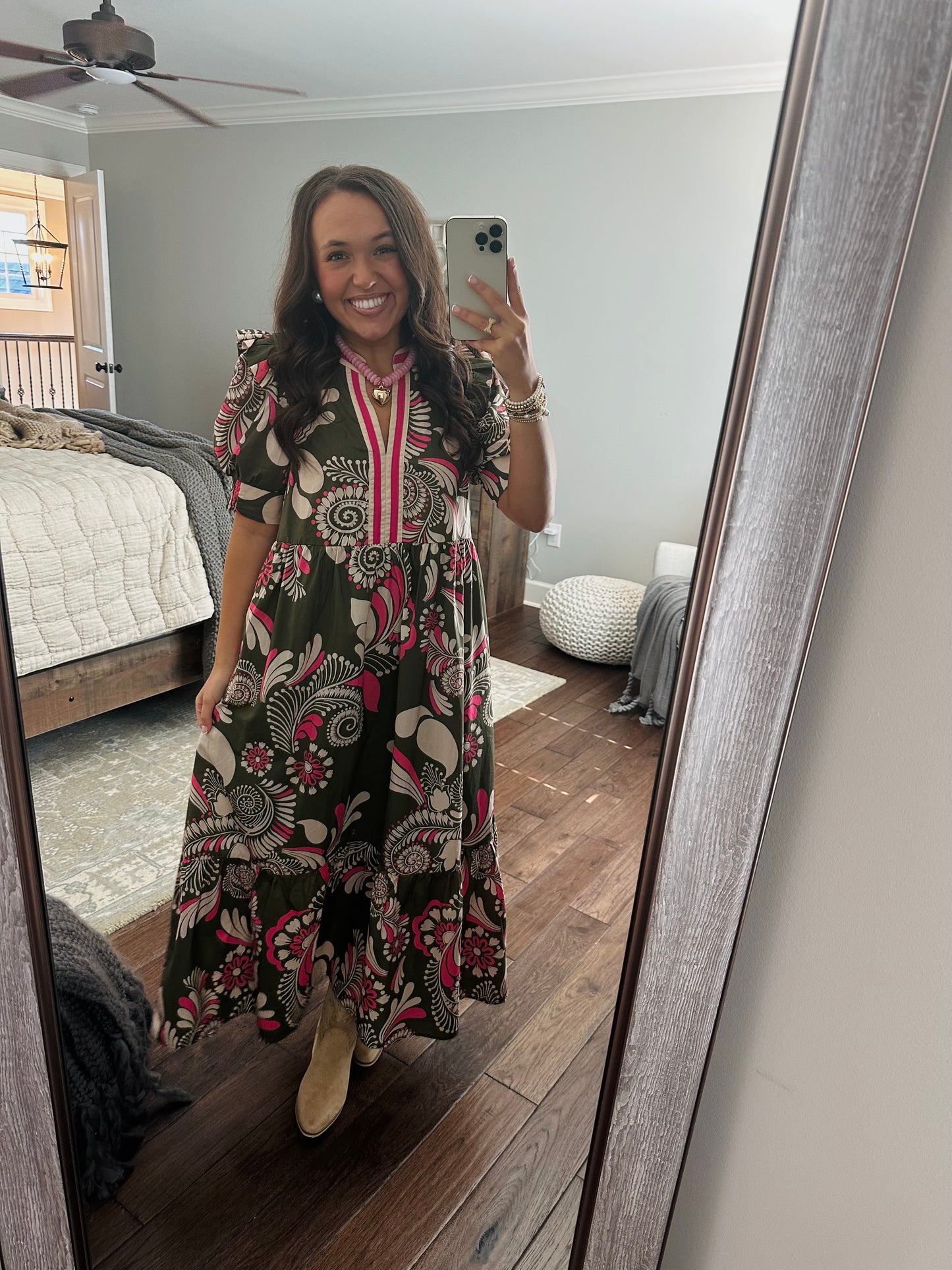 The Anne Olive Green + Pink Midi Dress