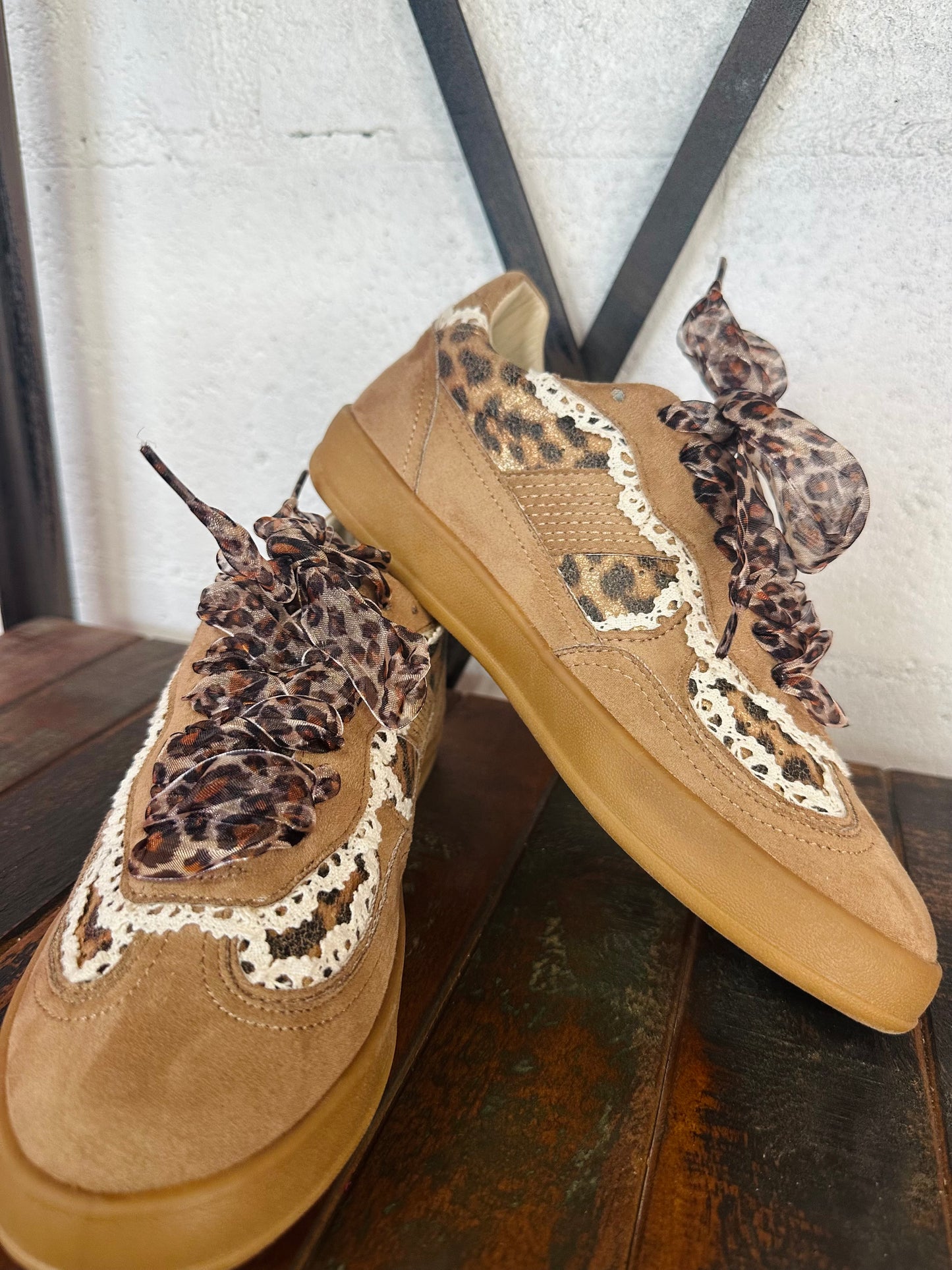 The Eleanor Camel Leopard Lace Trim Sneaker