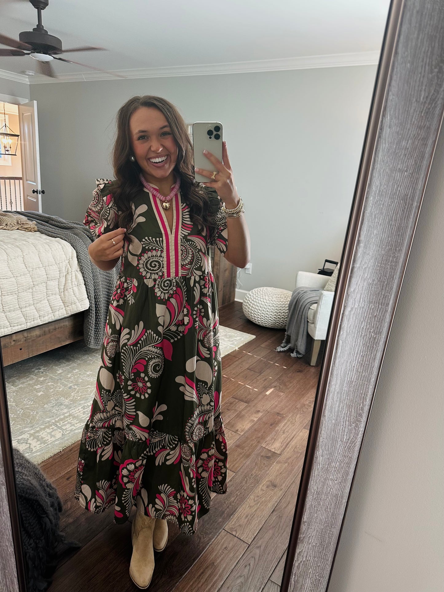 The Anne Olive Green + Pink Midi Dress