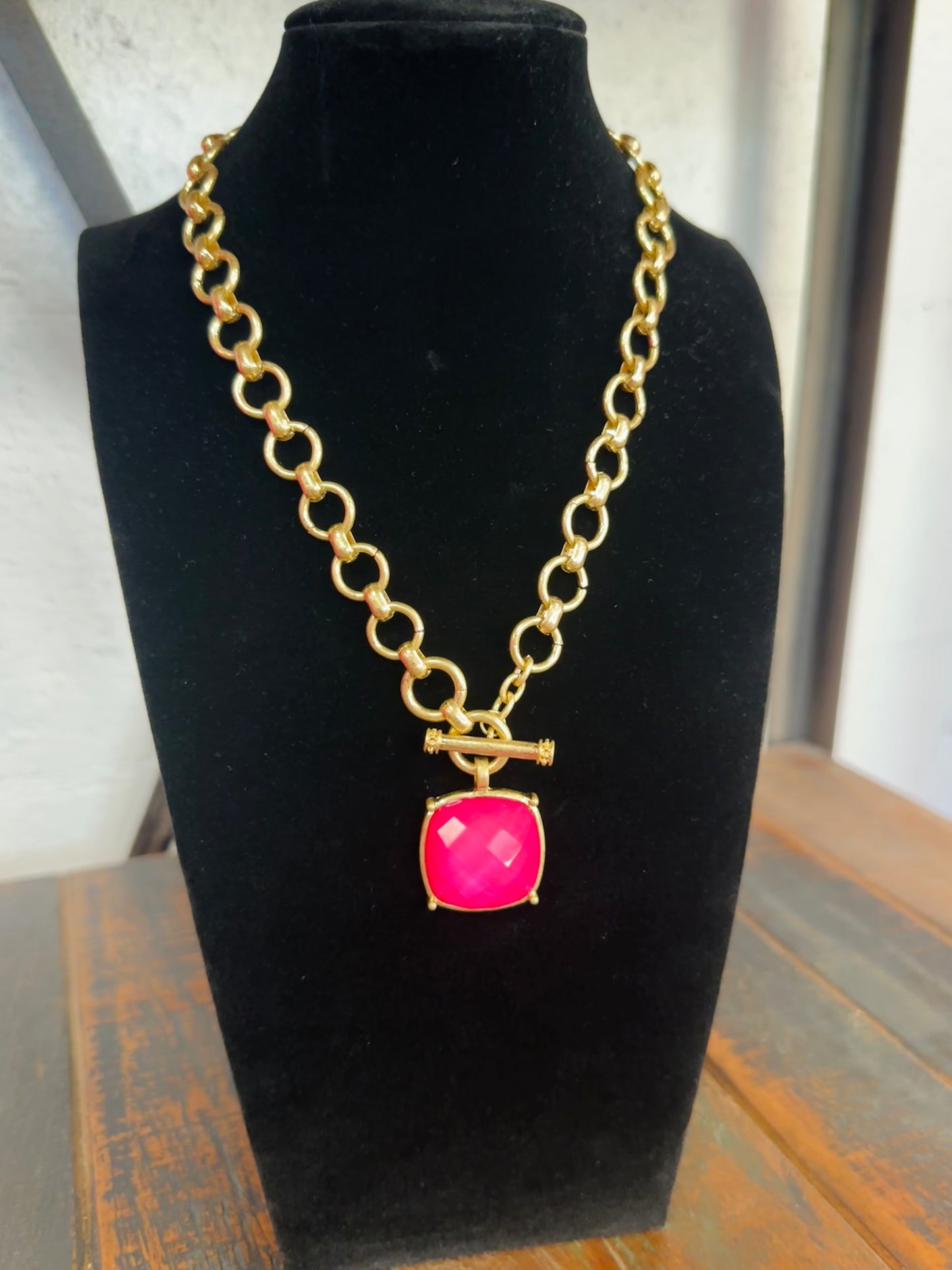 Fuchsia Square Stone Pendant Necklace