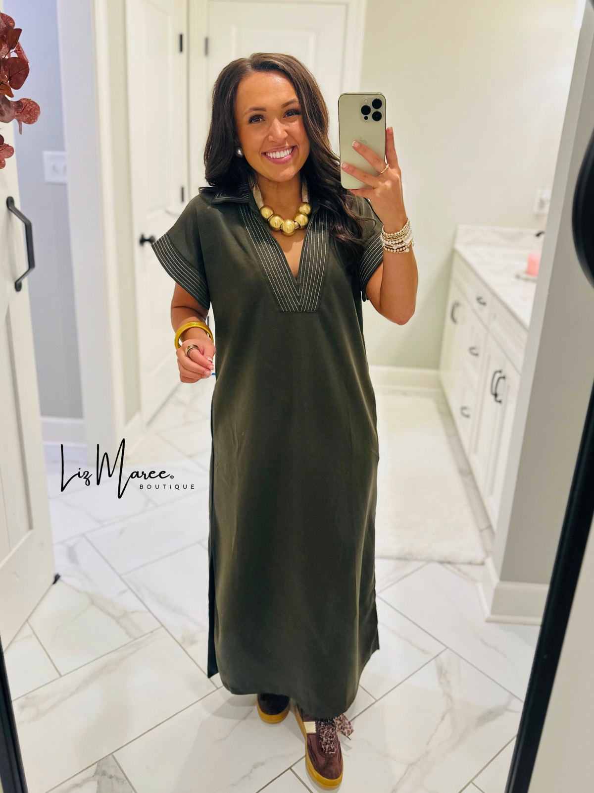 The Parker Olive Collared Stitch Midi Dress