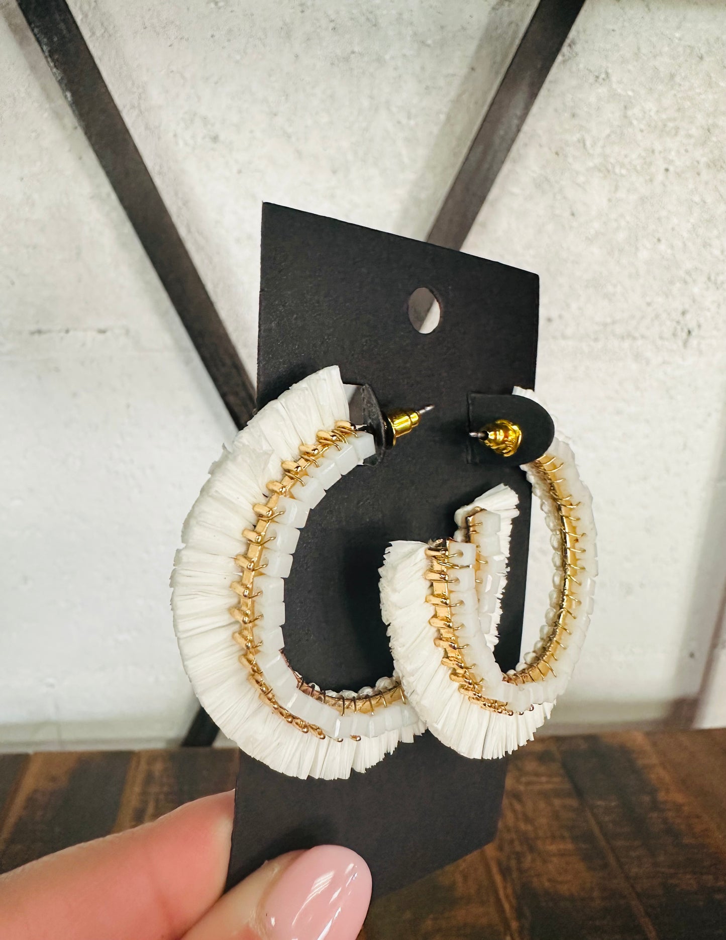 White Beaded Raffia Hoop Earrings