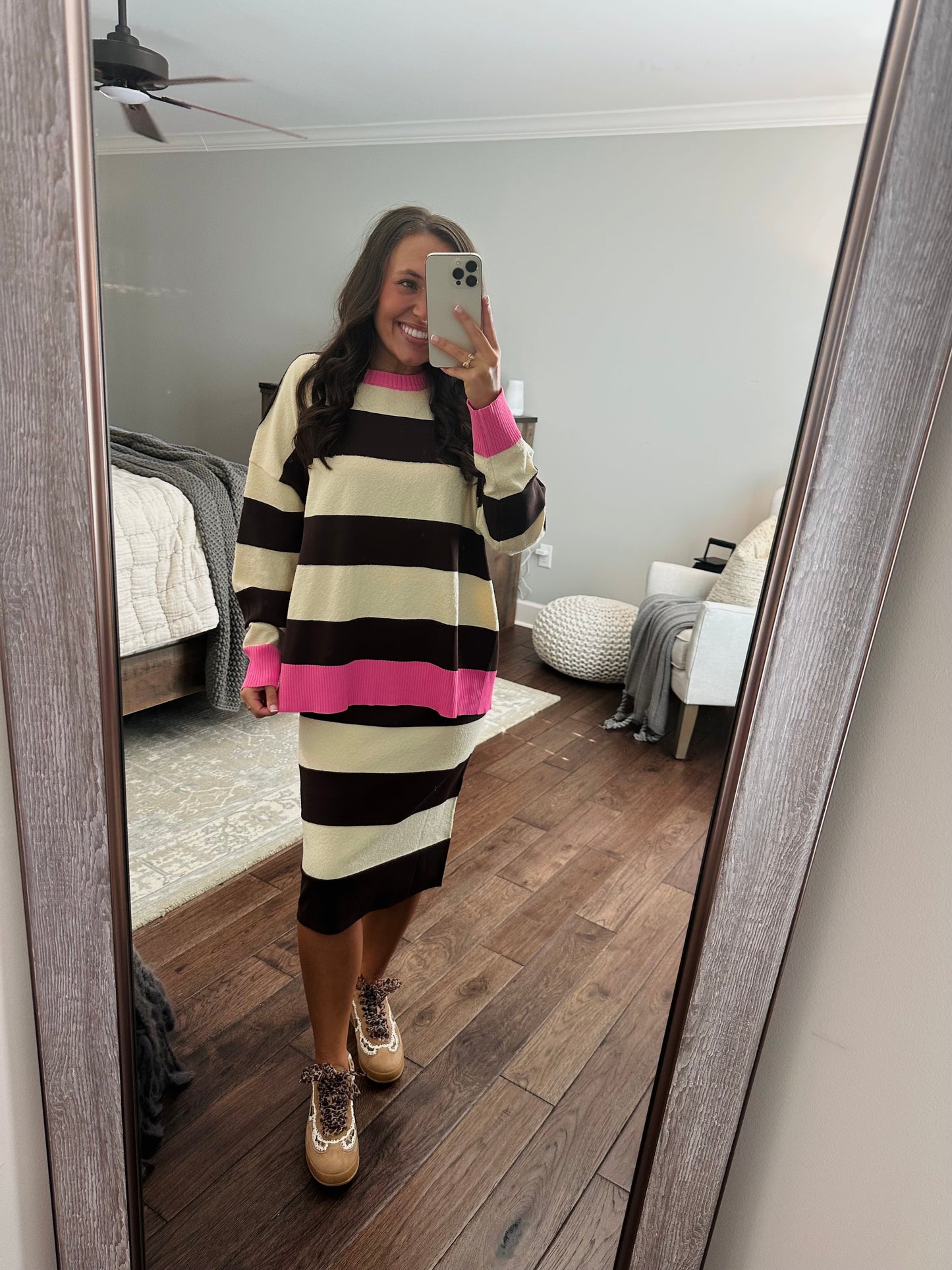 The Everlee Pink + Cream Striped Knit Sweater Top
