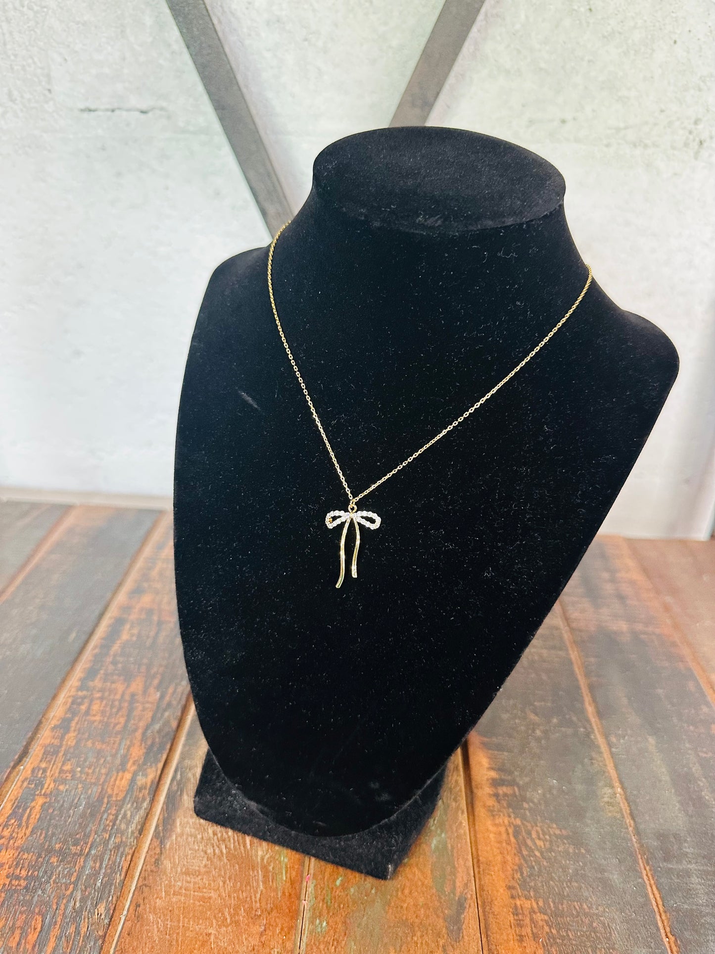Gold Cubic Zirconia Bow Necklace