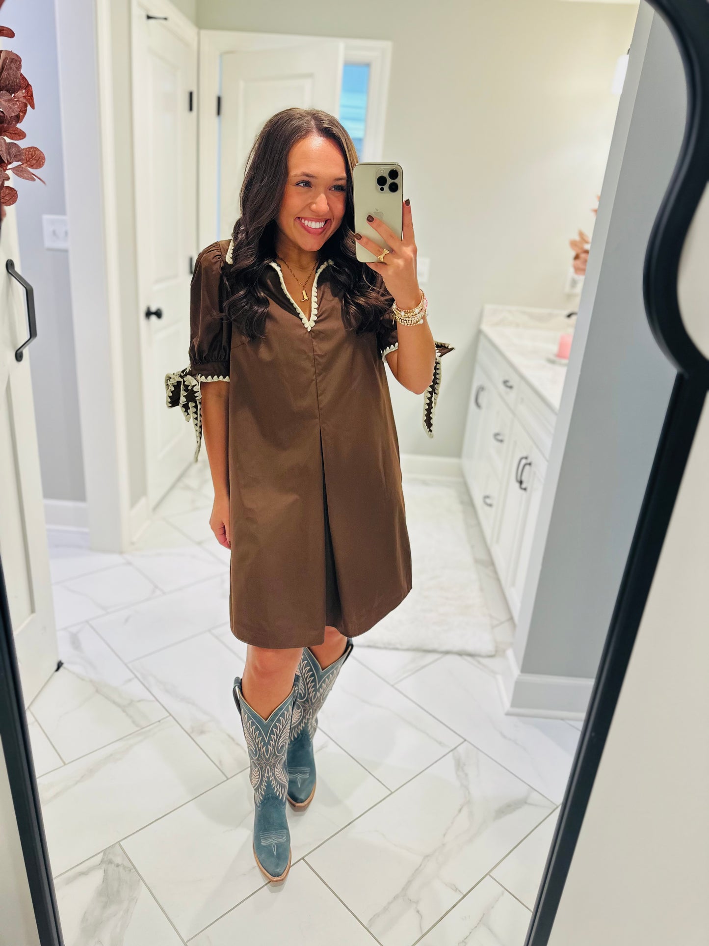 The Luci Brown Contrast Stitching Bow Detail Dress