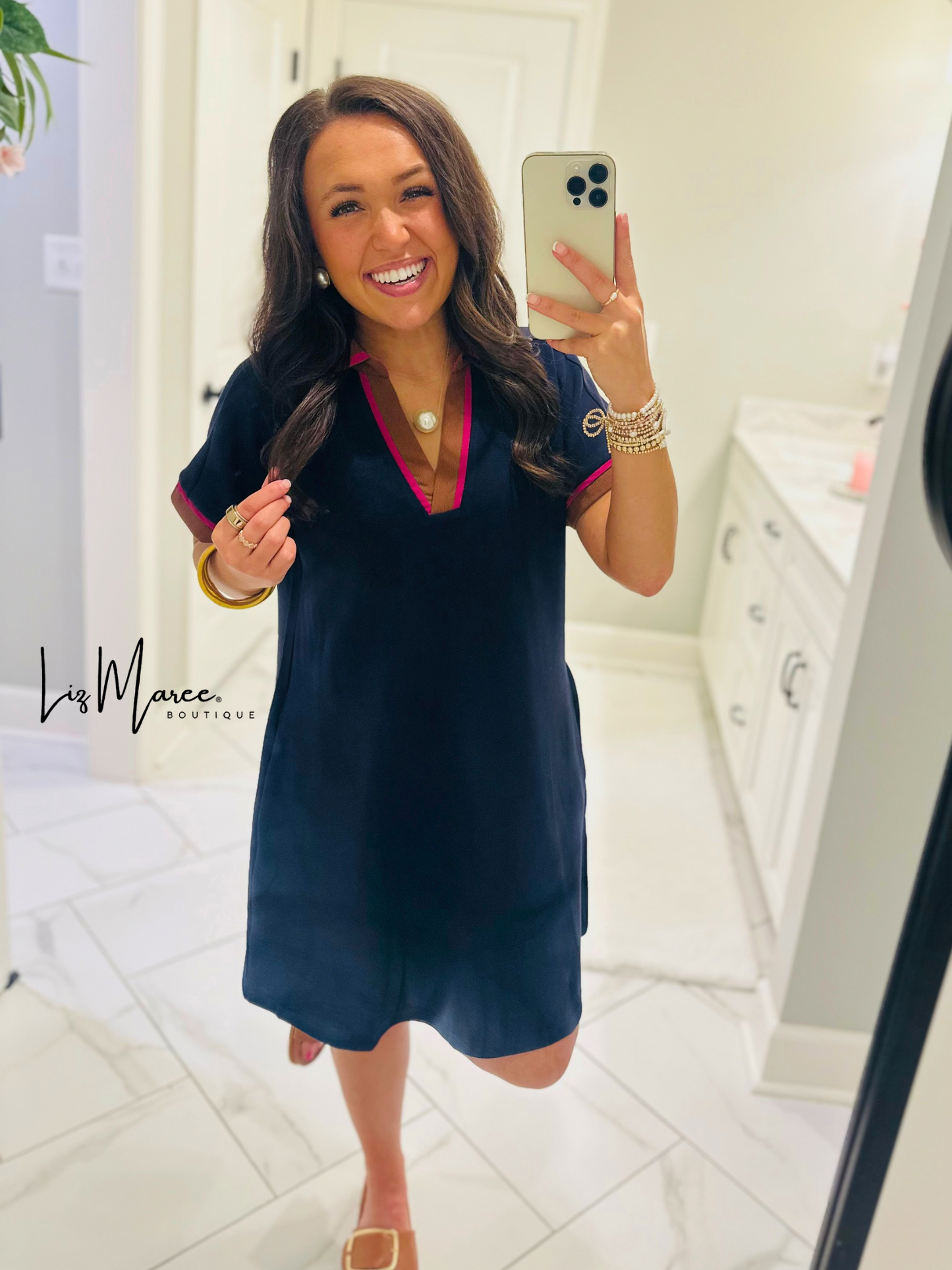 The Nina Navy Mix Collared Dress