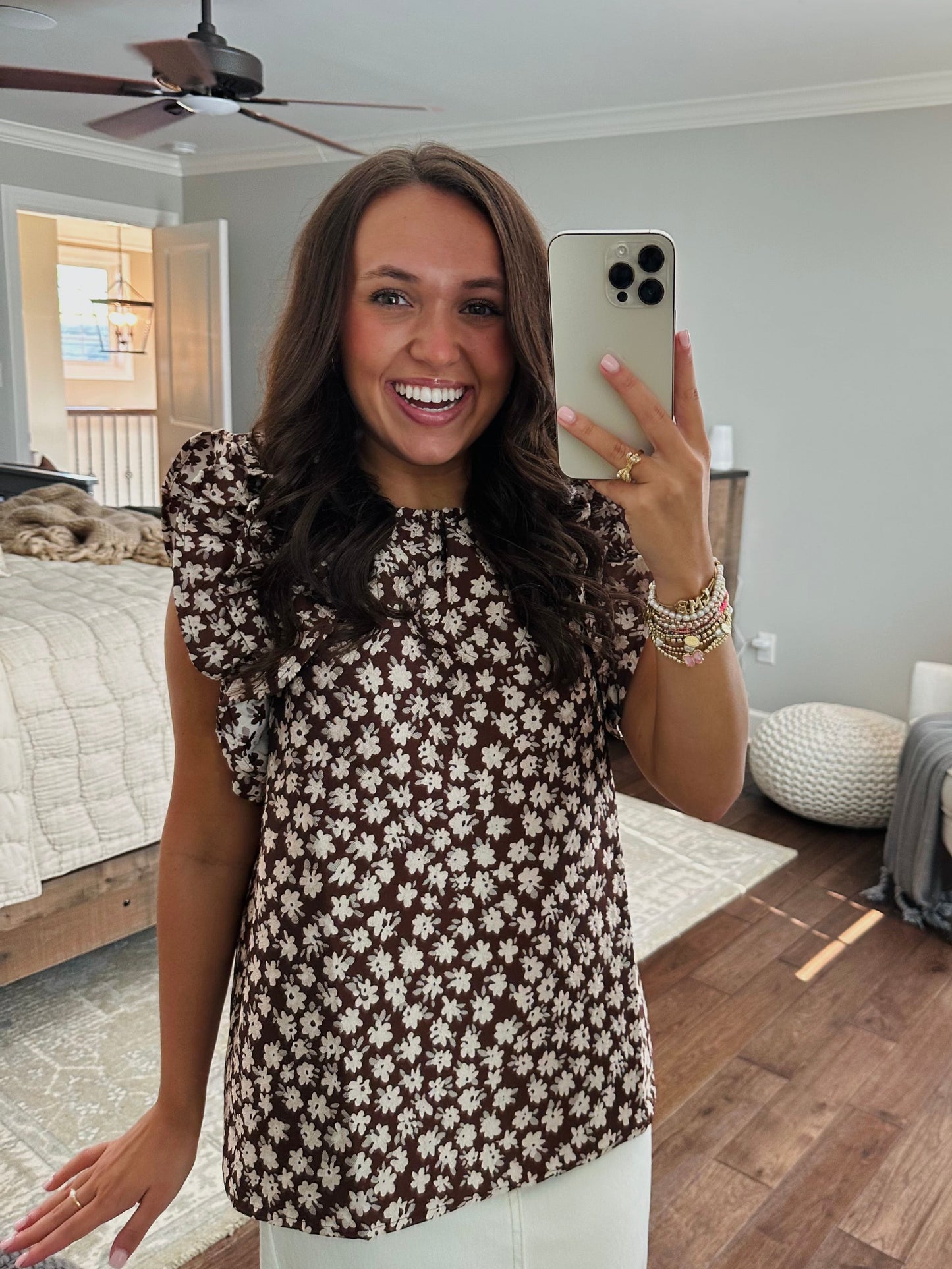 The Darci Brown Floral Ruffle Sleeve Top