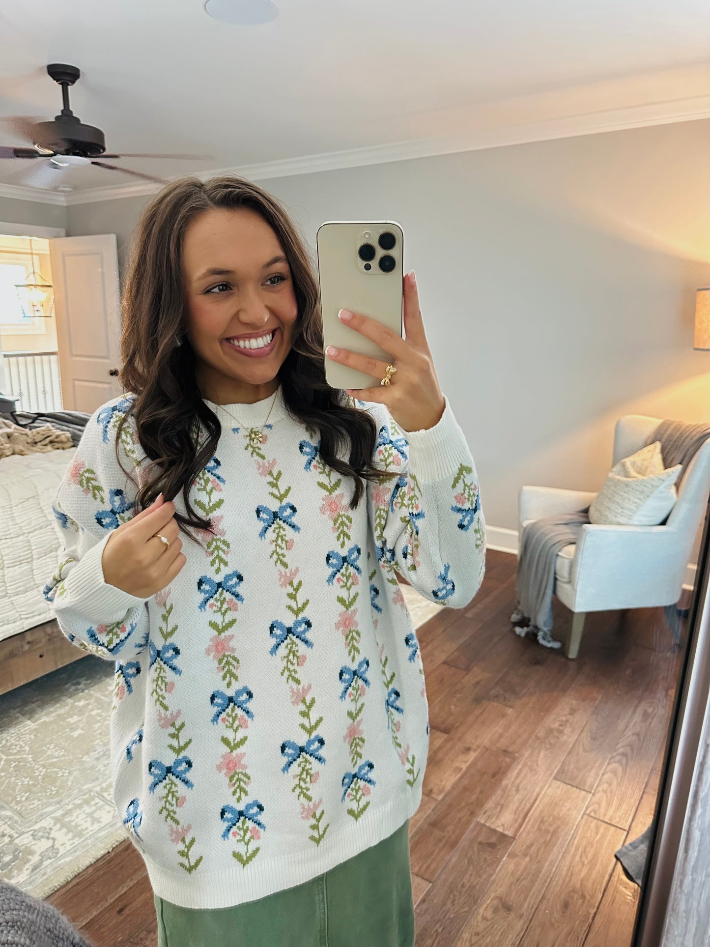 The White Coquette Ribbon Bow Floral Sweater
