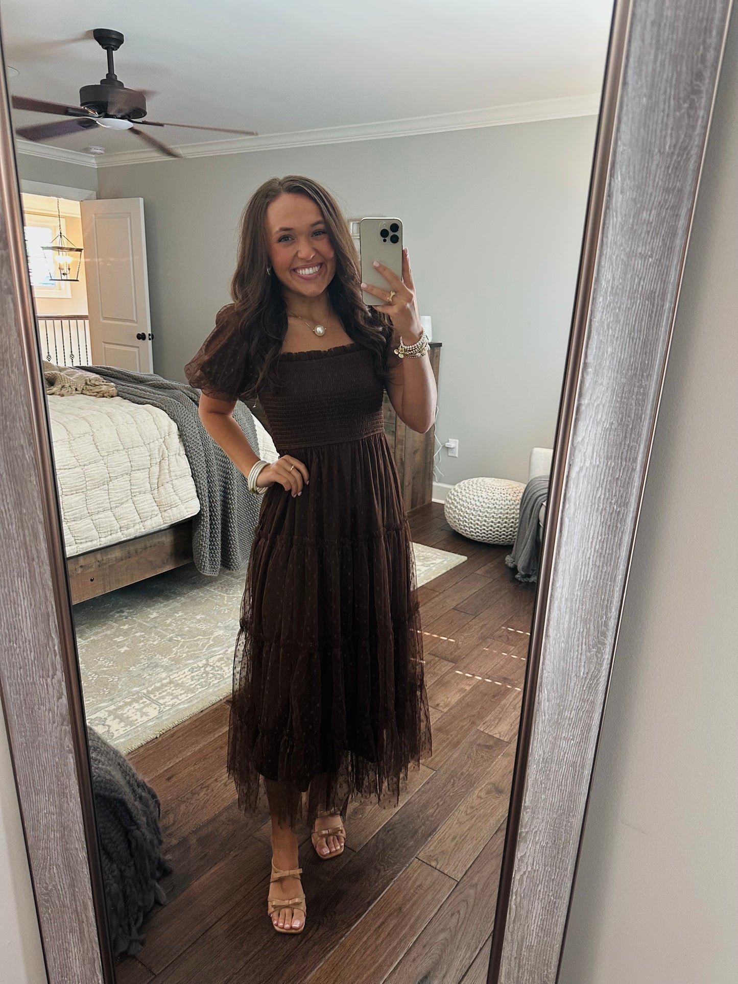 The Autumn Brown Polka Dot Chiffon Puff Sleeve Midi Dress