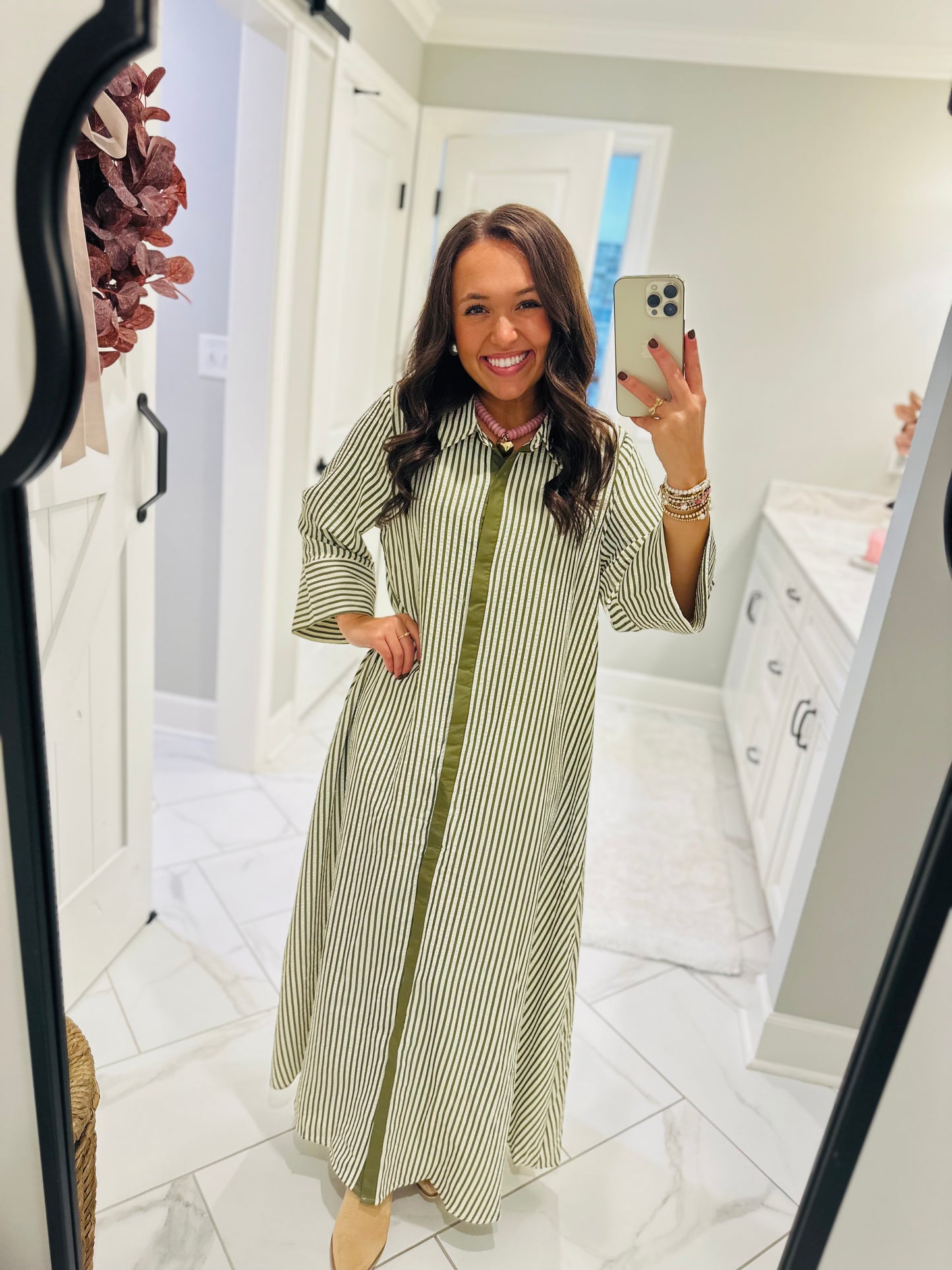 The Nora Olive Green Striped Midi Dress