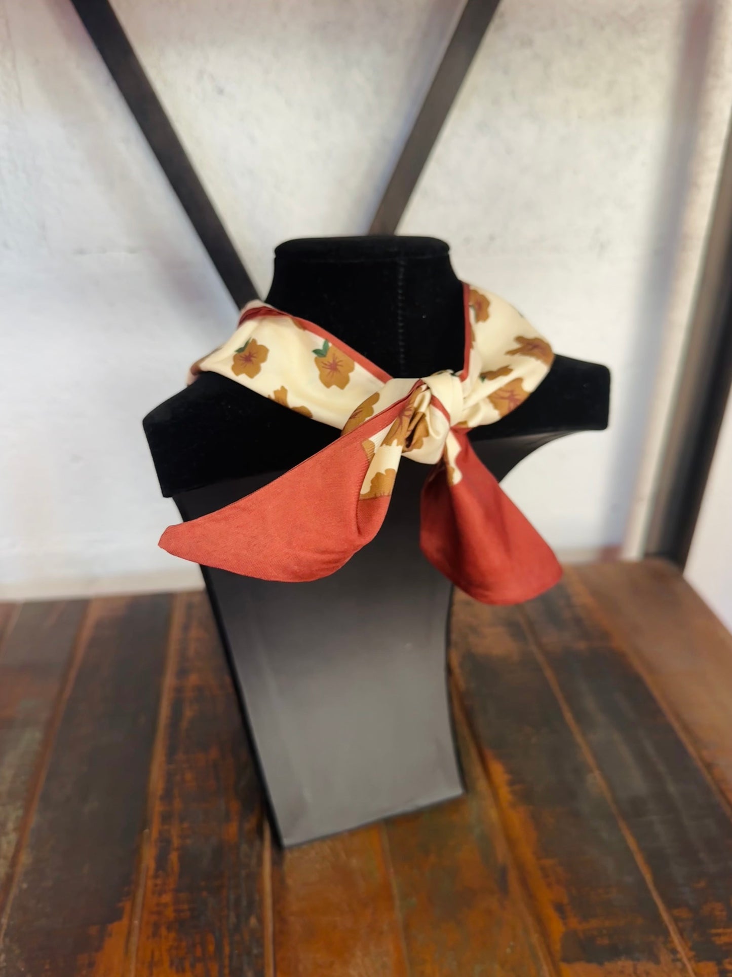 Brown Floral Silk Scarf + Gold Pendant Necklace