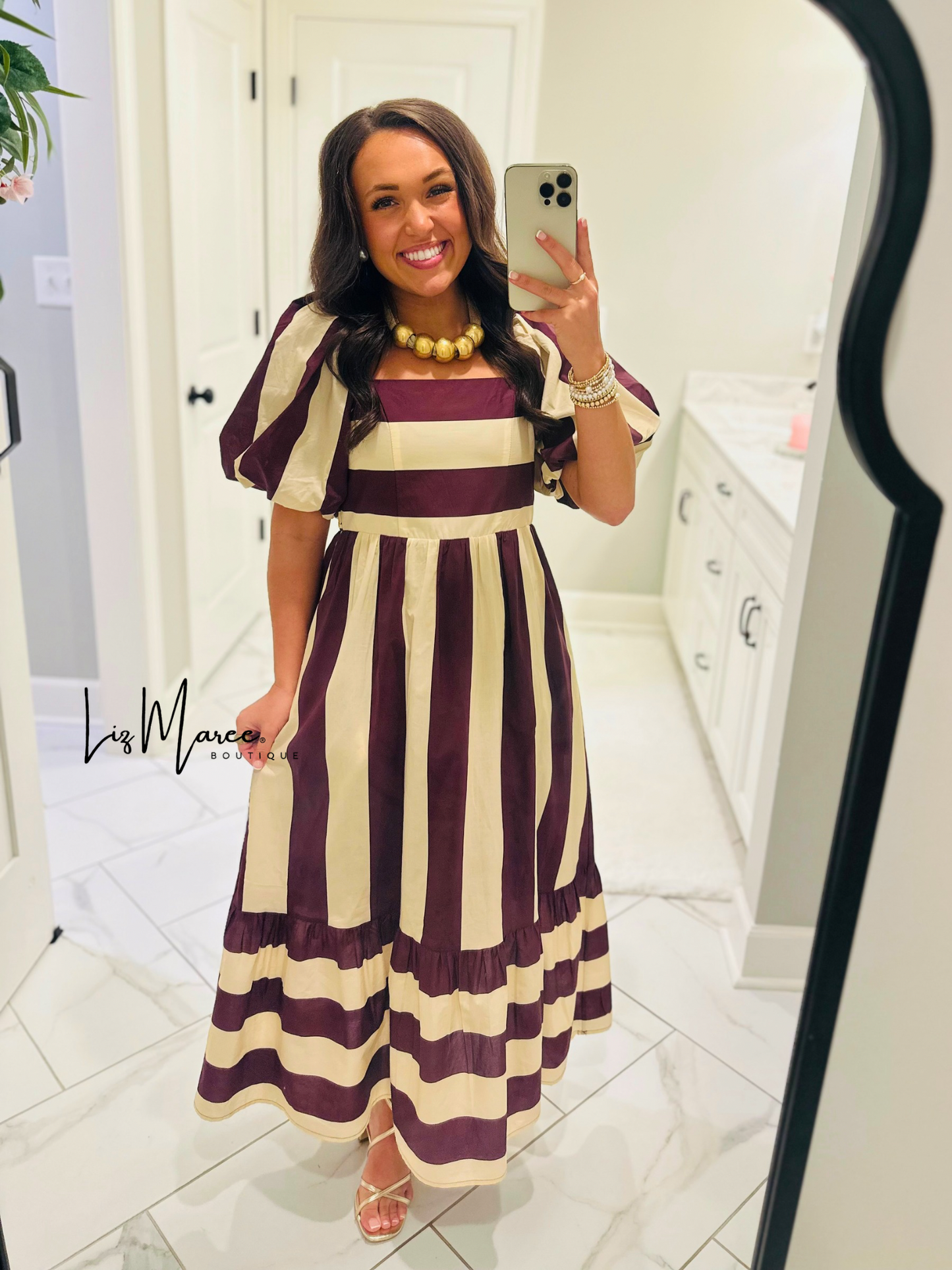 The Danyale Merlot Striped Bow Midi Dress
