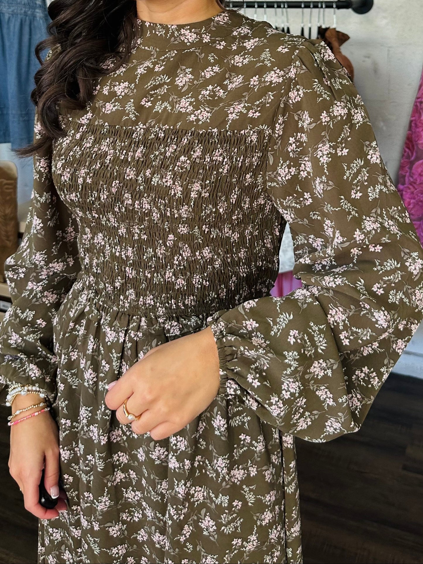 The Ainsley Olive Floral Midi Dress